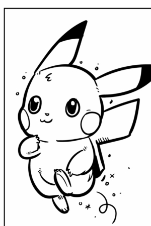 Ilustração em preto e branco do Pikachu, uma criatura fofa parecida com um rato, com orelhas grandes, sorrindo e cercada de brilhos, perfeita para crianças colorirem. Para colorir.