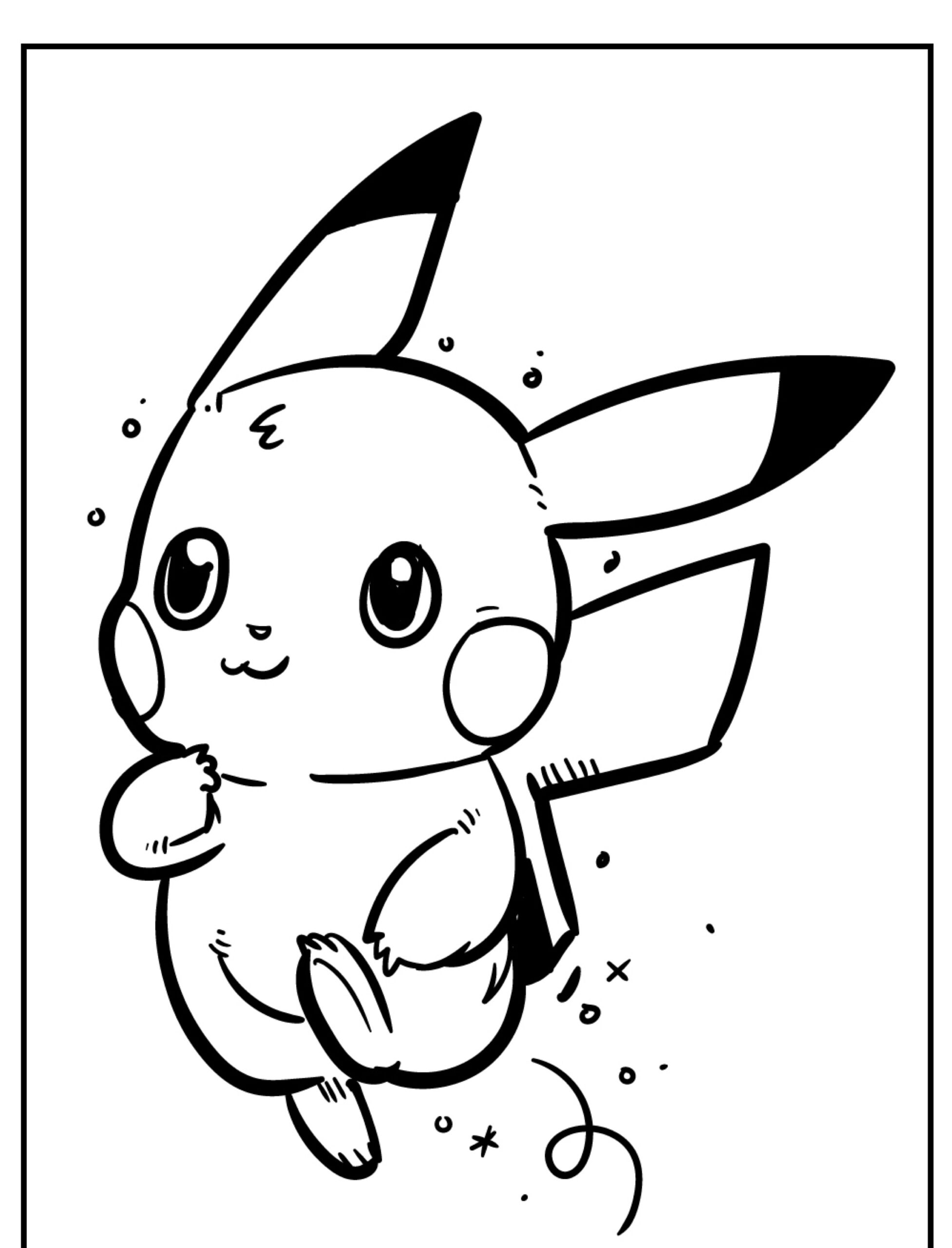 Ilustração em preto e branco do Pikachu, uma criatura fofa parecida com um rato, com orelhas grandes, sorrindo e cercada de brilhos, perfeita para crianças colorirem. Para colorir.