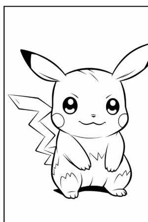 Desenho em preto e branco do Pikachu olhando para frente com sua icônica cauda em formato de raio e orelhas grandes, perfeito para colorir. Para colorir.