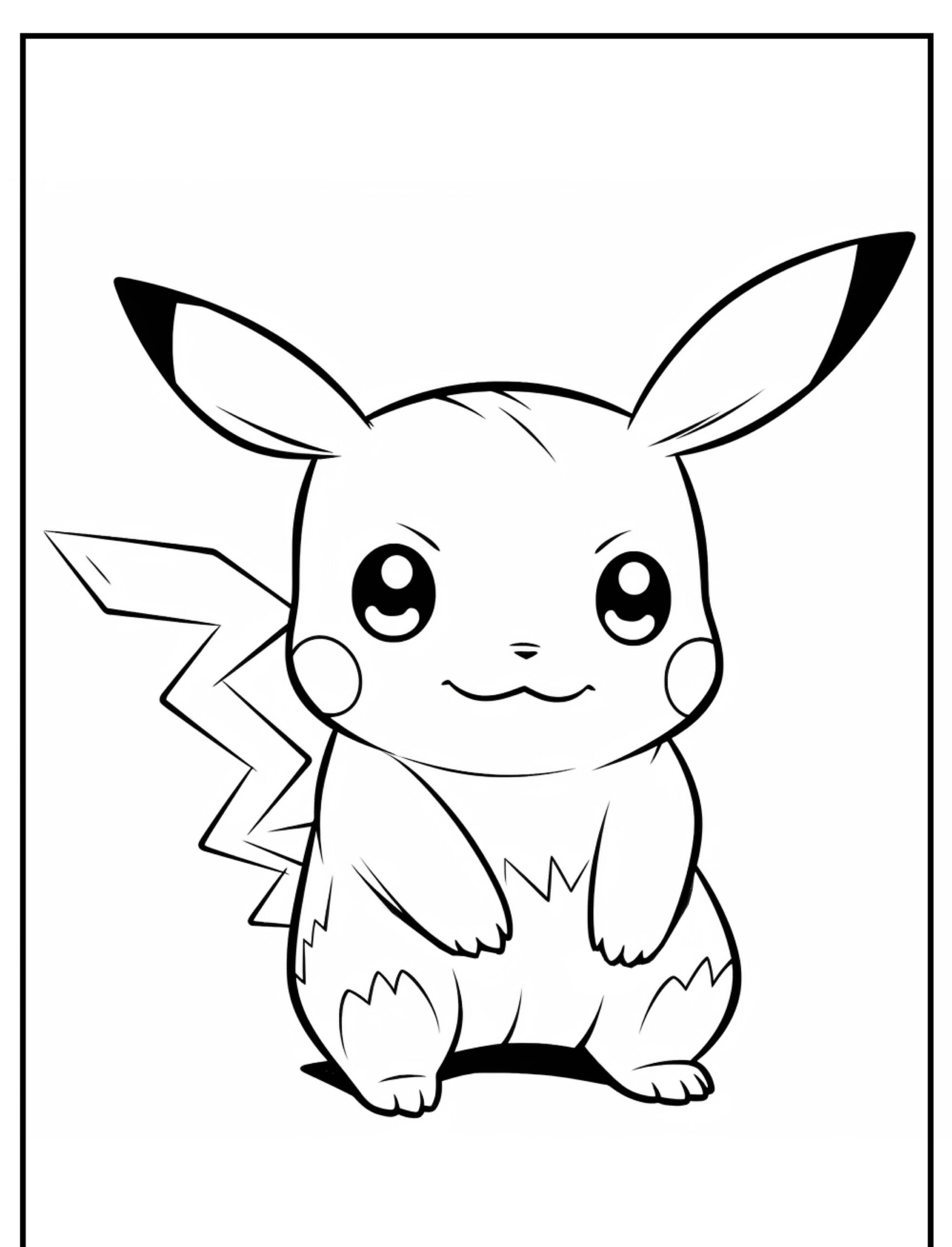 Desenho em preto e branco do Pikachu olhando para frente com sua icônica cauda em formato de raio e orelhas grandes, perfeito para colorir. Para colorir.