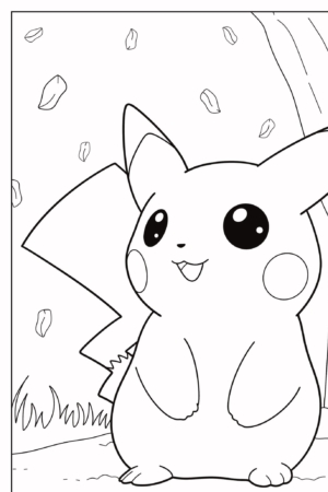 Uma ilustração em preto e branco do Pikachu sentado ao ar livre com folhas caindo, uma árvore ao fundo, convidando você a colorir. Para colorir.