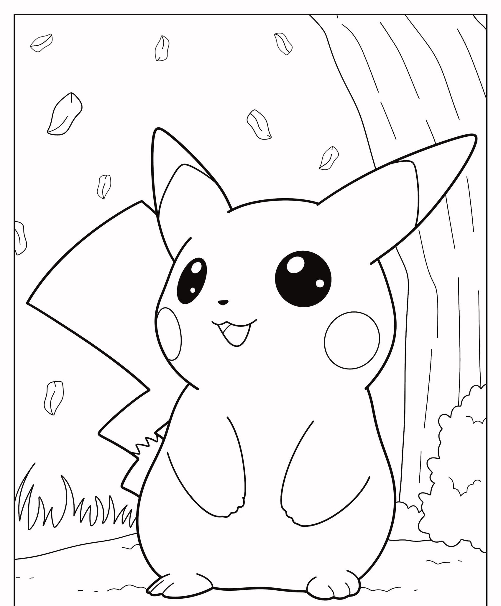 Uma ilustração em preto e branco do Pikachu sentado ao ar livre com folhas caindo, uma árvore ao fundo, convidando você a colorir. Para colorir.