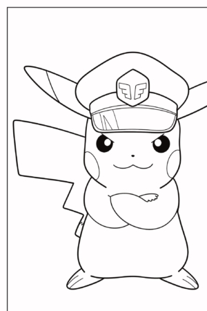 Pikachu, em um desenho vibrante para colorir, está vestido como piloto, usando um chapéu de aviador e cruzando os braços com confiança. Para colorir.