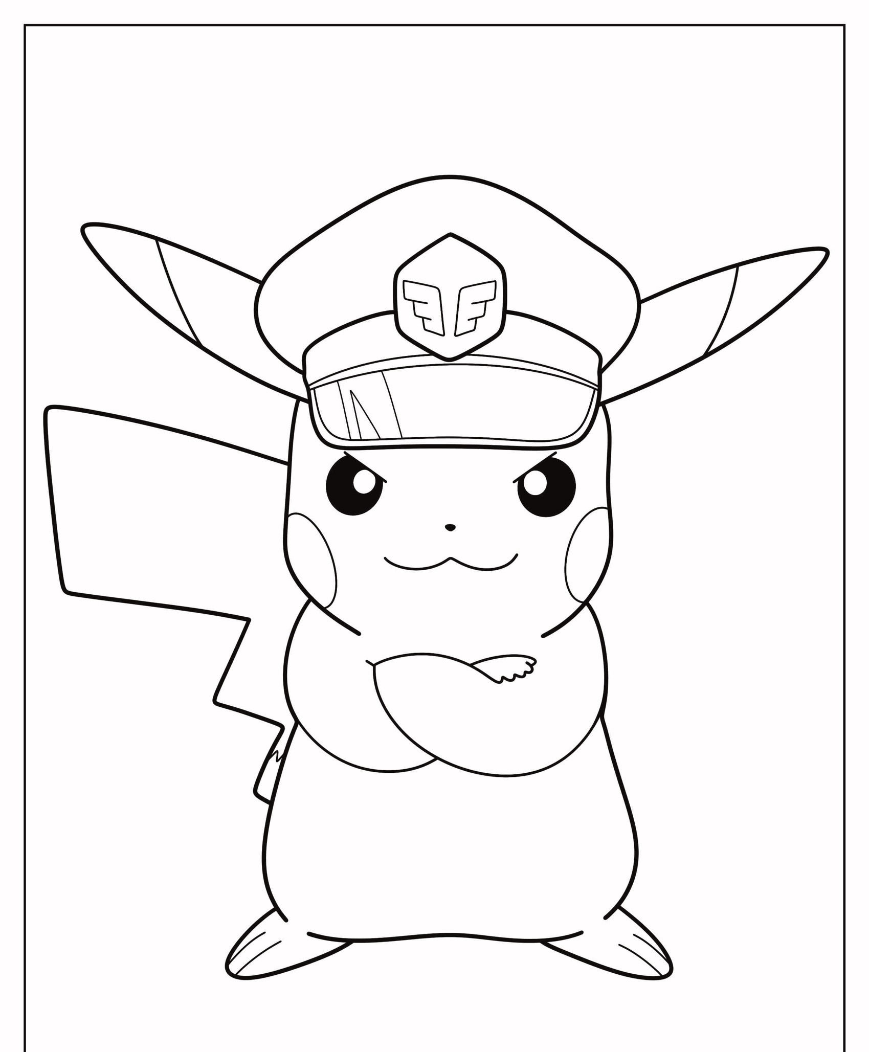 Pikachu, em um desenho vibrante para colorir, está vestido como piloto, usando um chapéu de aviador e cruzando os braços com confiança. Para colorir.