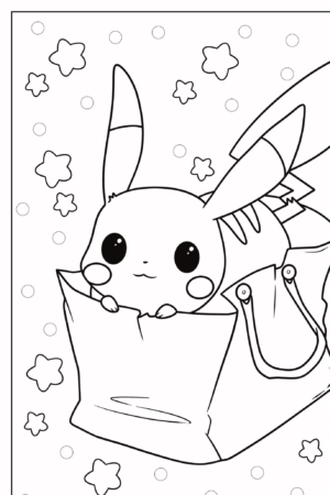 Pikachu está espiando para fora de uma bolsa cercada por estrelas e círculos neste desenho para colorir em preto e branco. Para colorir.