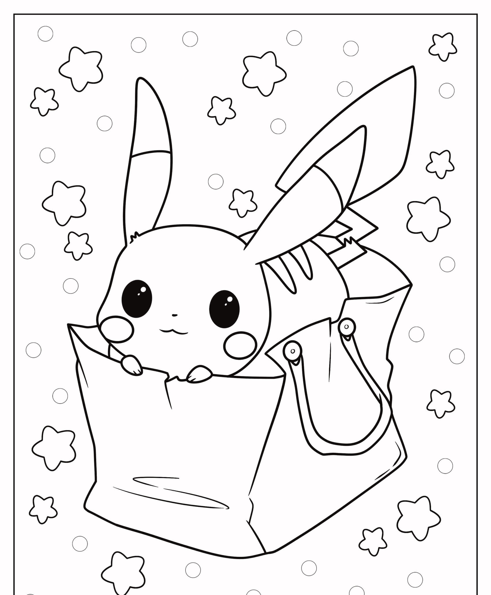 Pikachu está espiando para fora de uma bolsa cercada por estrelas e círculos neste desenho para colorir em preto e branco. Para colorir.