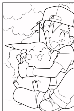 Uma pessoa de chapéu sorrindo e abraçando um Pikachu feliz e colorido enquanto está sentada ao ar livre com nuvens ao fundo. Para colorir.