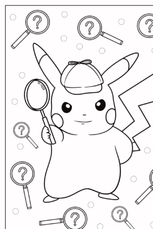 Desenho de um Pikachu usando um chapéu de detetive e segurando uma lupa, cercado por lupas, perfeito para colorir. Para colorir.