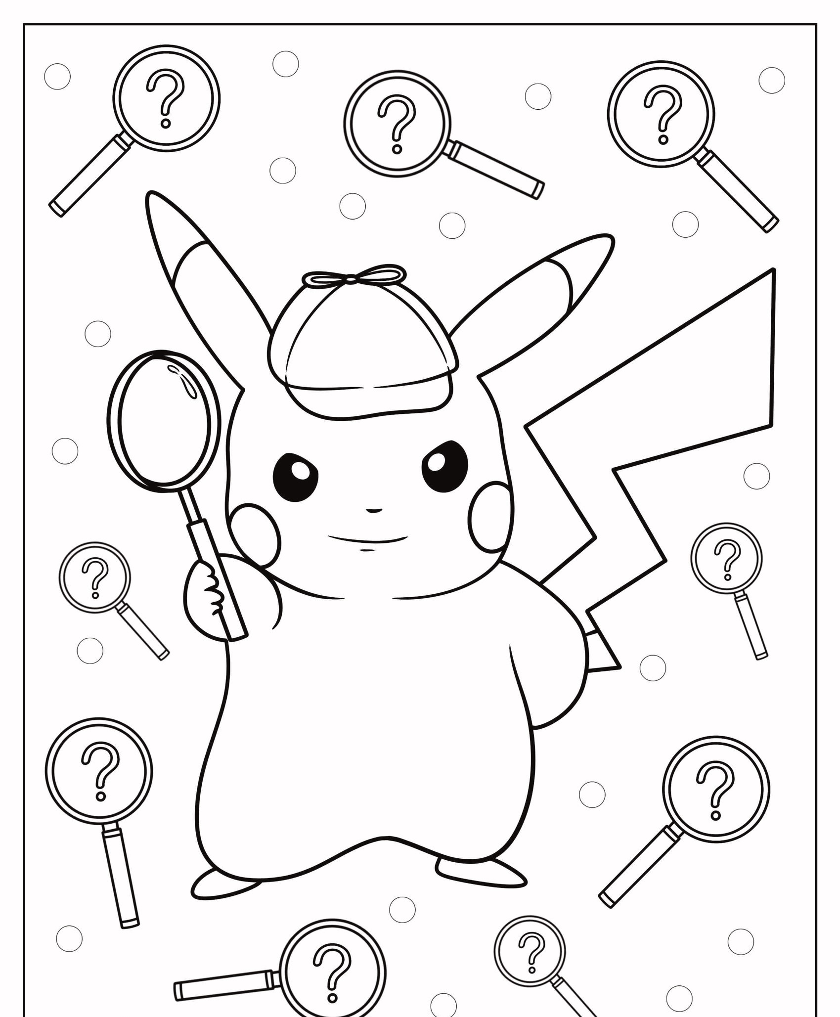 Desenho de um Pikachu usando um chapéu de detetive e segurando uma lupa, cercado por lupas, perfeito para colorir. Para colorir.