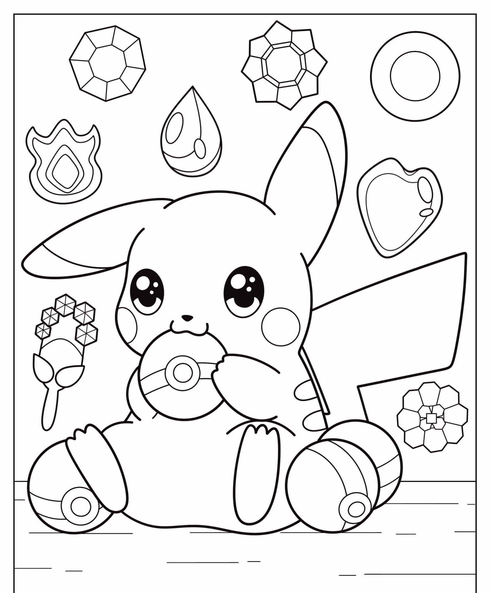 Uma página para colorir com um Pikachu segurando uma Pokébola, cercado por vários emblemas e itens de Pokémon. Para colorir.