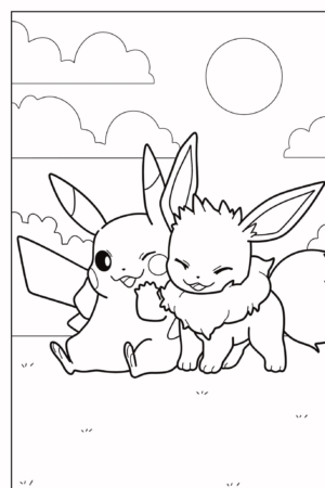 Desenho para colorir de Pikachu e Eevee sentados na grama com um sol e nuvens ao fundo, perfeito para crianças colorir. Para colorir.