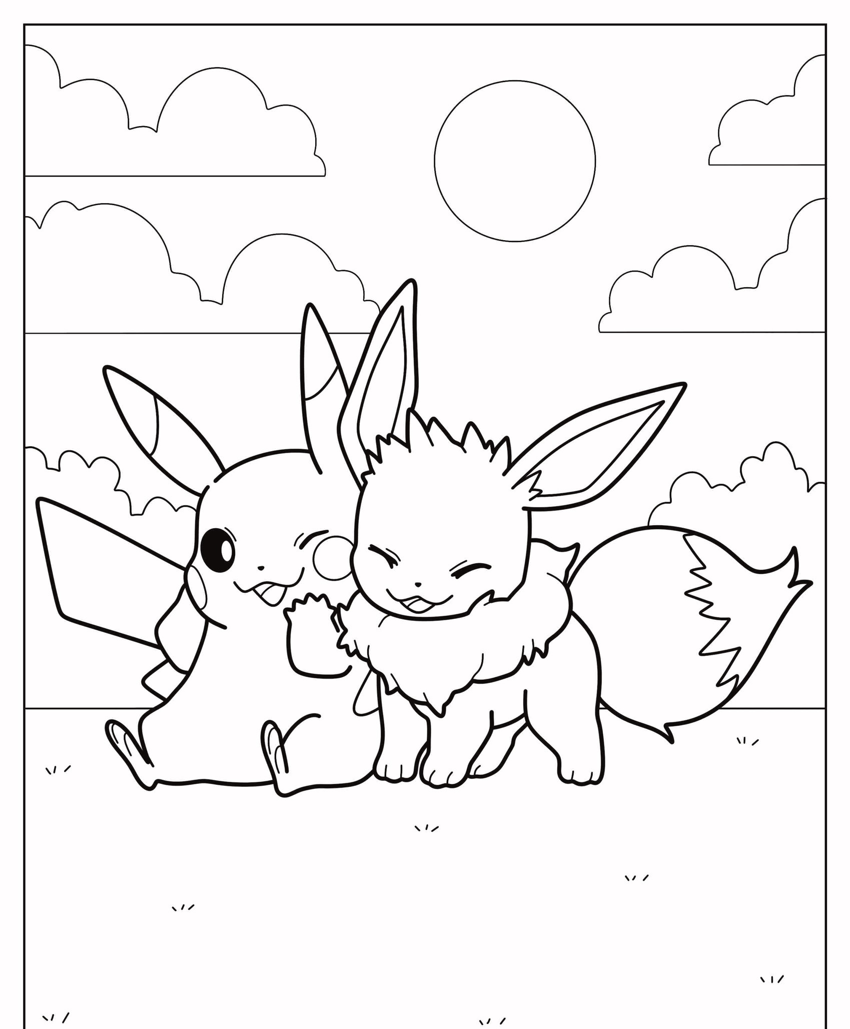 Desenho para colorir de Pikachu e Eevee sentados na grama com um sol e nuvens ao fundo, perfeito para crianças colorir. Para colorir.