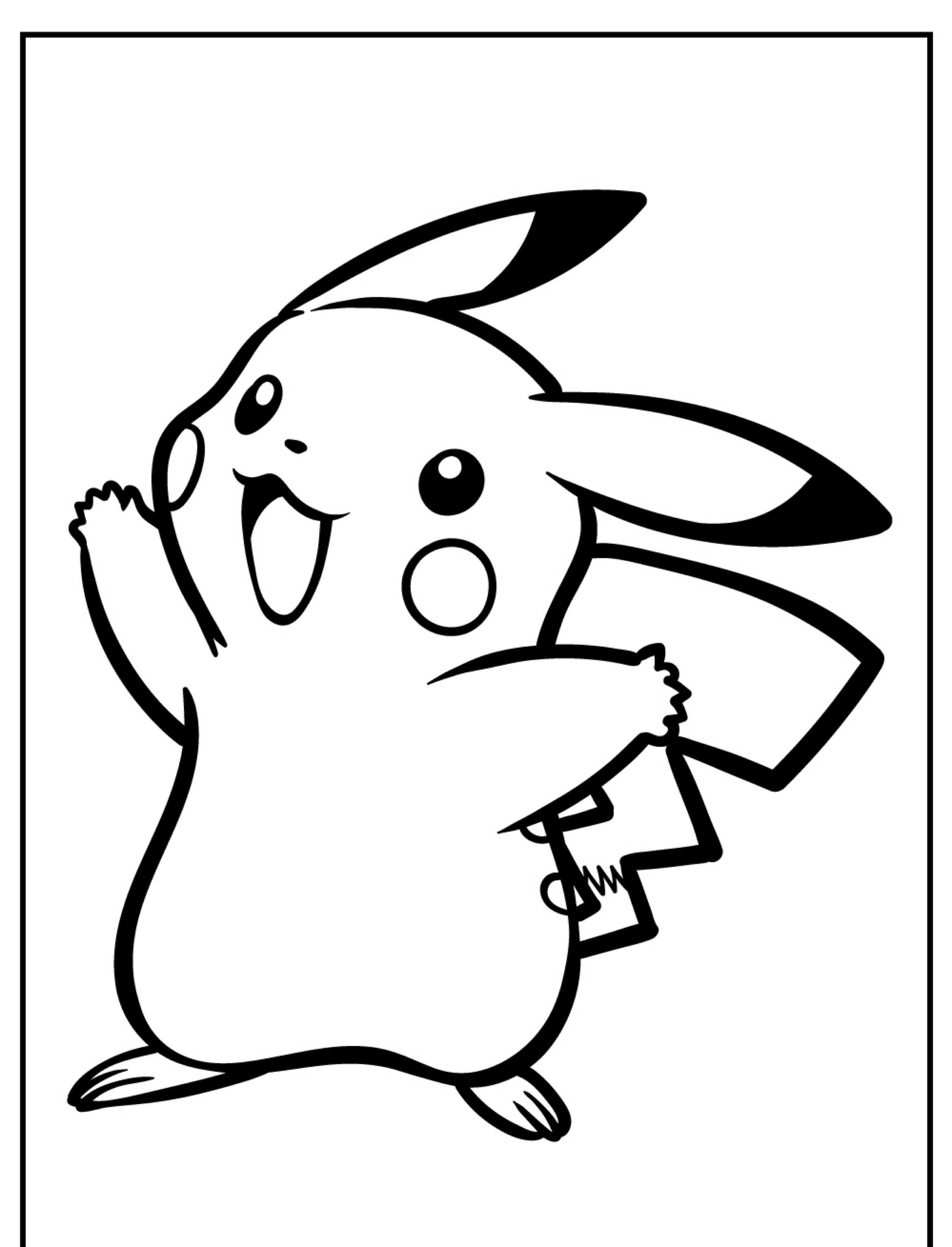 Esboço de um Pikachu feliz com os braços levantados e um rosto sorridente, perfeito para colorir e adicionar à sua coleção de desenhos de Pokémon.