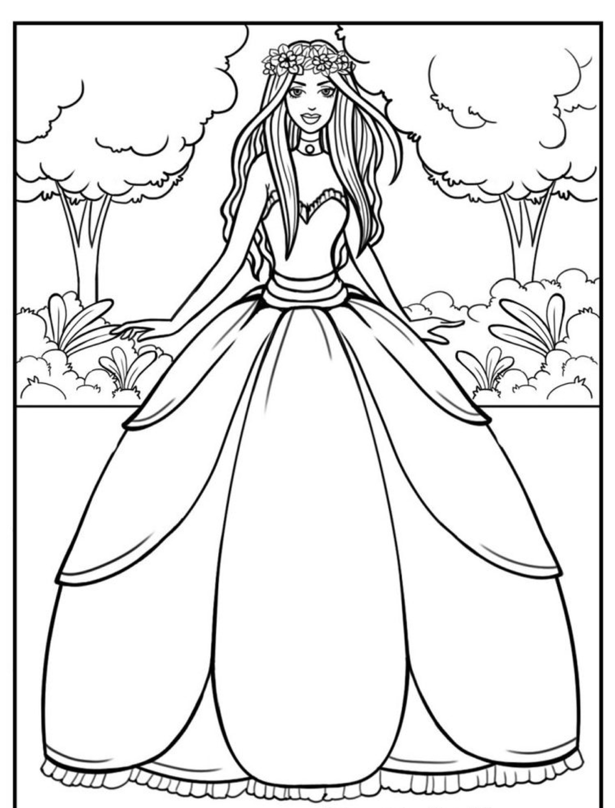 Desenho em preto e branco de uma mulher princesa em um vestido esvoaçante e faixa de cabeça floral, parada em um jardim com árvores e arbustos ao fundo. Perfeito para colorir. Para desenhar.