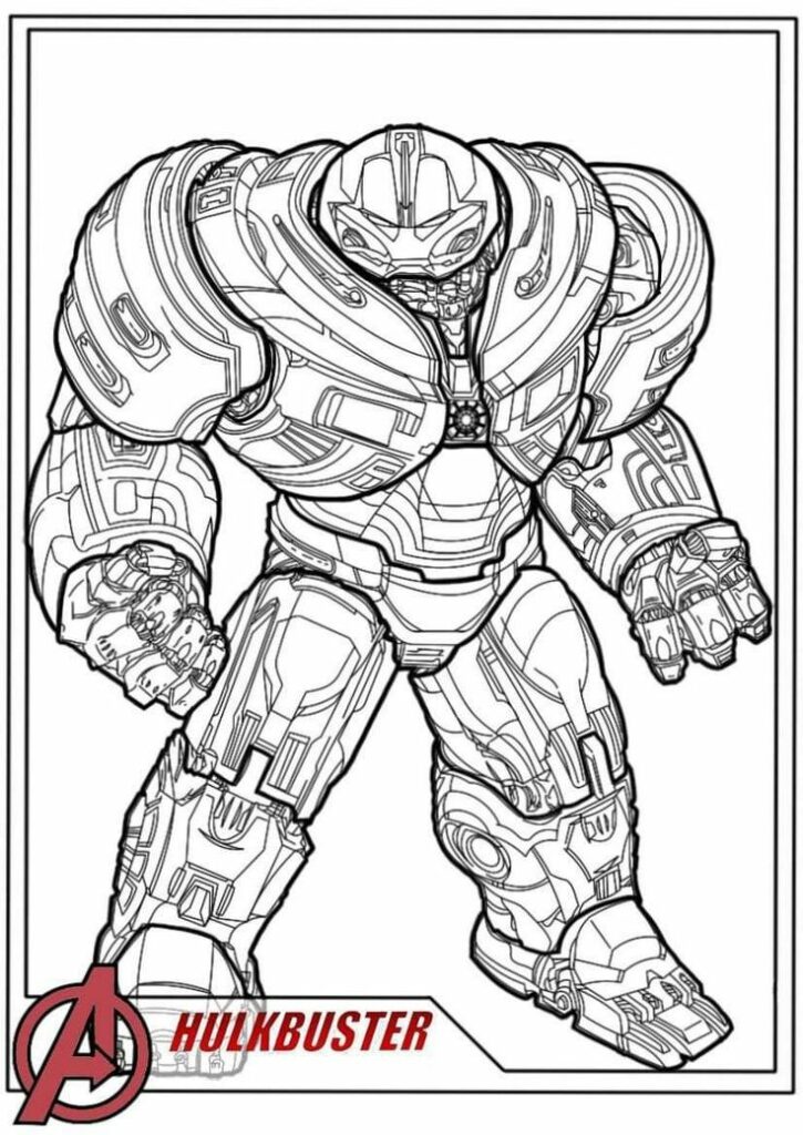 Uma página para colorir em preto e branco da armadura Hulkbuster dos Vingadores, com o texto "HULKBUSTER" na parte inferior — desenho perfeito para colorir para fãs do Homem de Ferro.