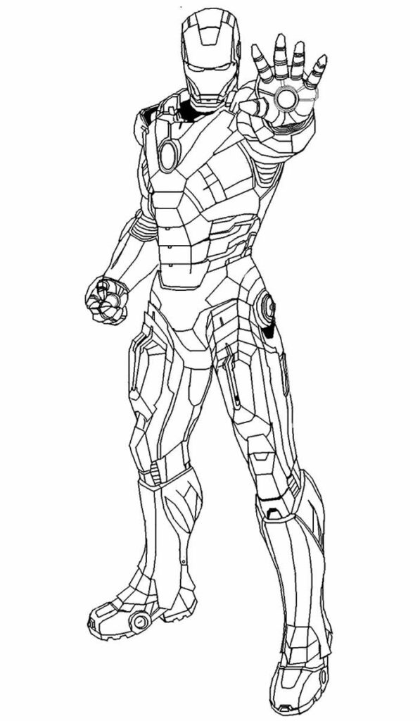 Um desenho em preto e branco de um super-herói futurista com armadura, que lembra o Homem de Ferro, em uma pose dinâmica com uma mão levantada para frente. Perfeito como um desenho para colorir para fãs de aventuras heroicas.