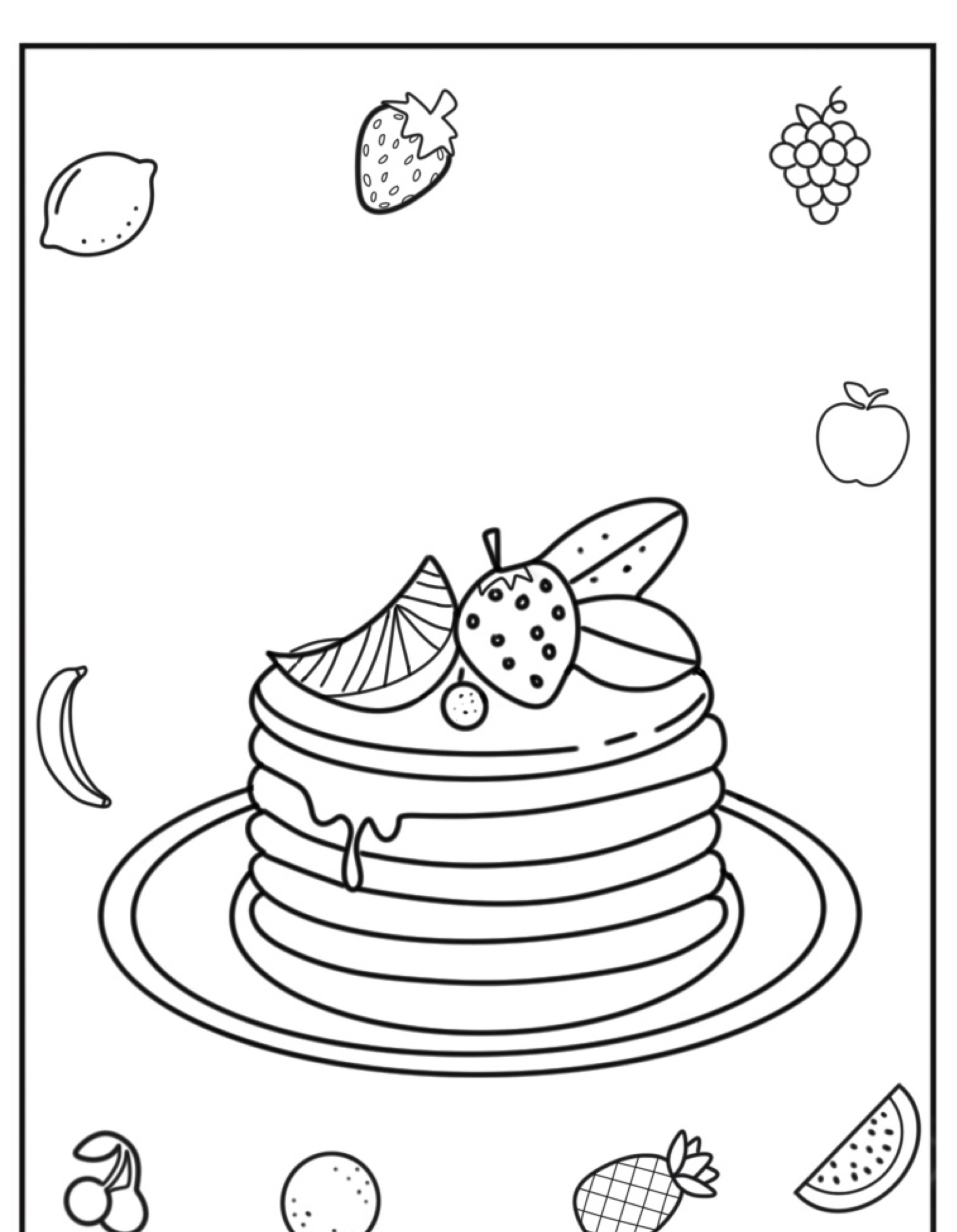 Página para colorir com uma pilha de panquecas com cobertura de frutas cercadas por ilustrações de diversas frutas. Perfeito para colorir, este desenho de comida promete diversão garantida!