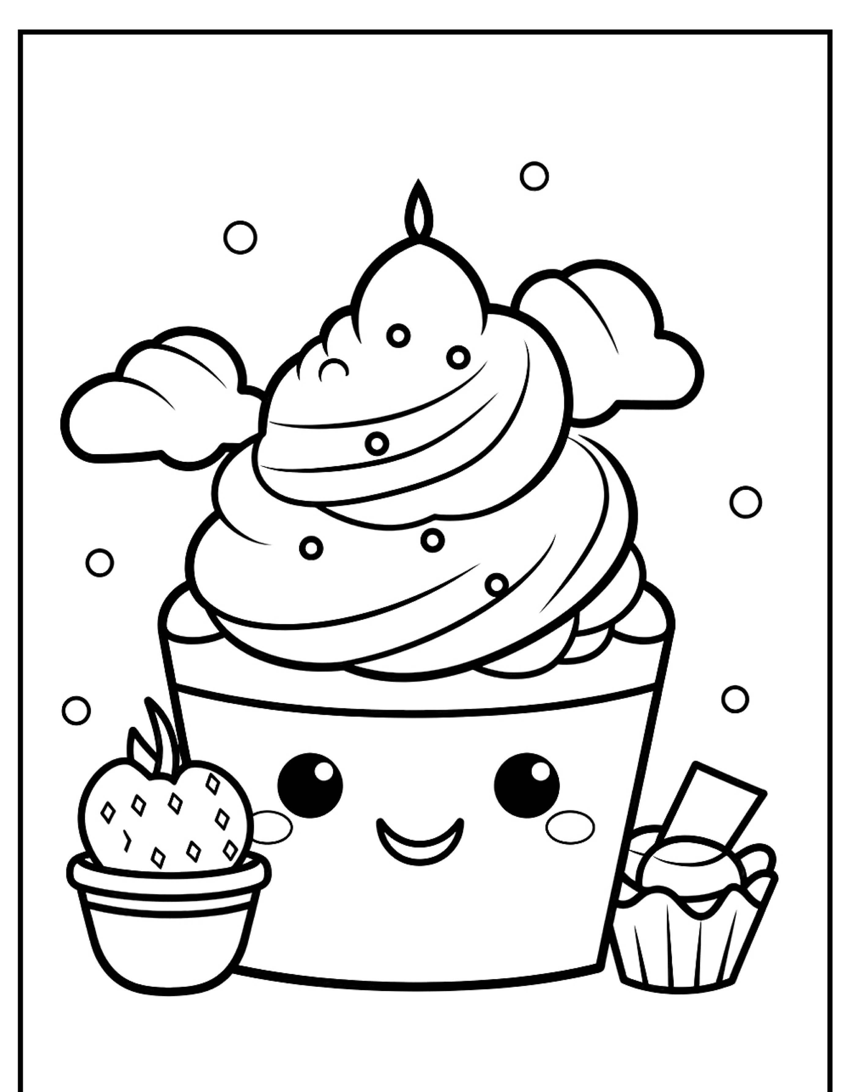 Um cupcake fofo e sorridente com cobertura, cercado por um morango e uma pequena guloseima, com uma vela no topo – perfeito para colorir! Desenhos de comida nunca pareceram tão deliciosamente divertidos.