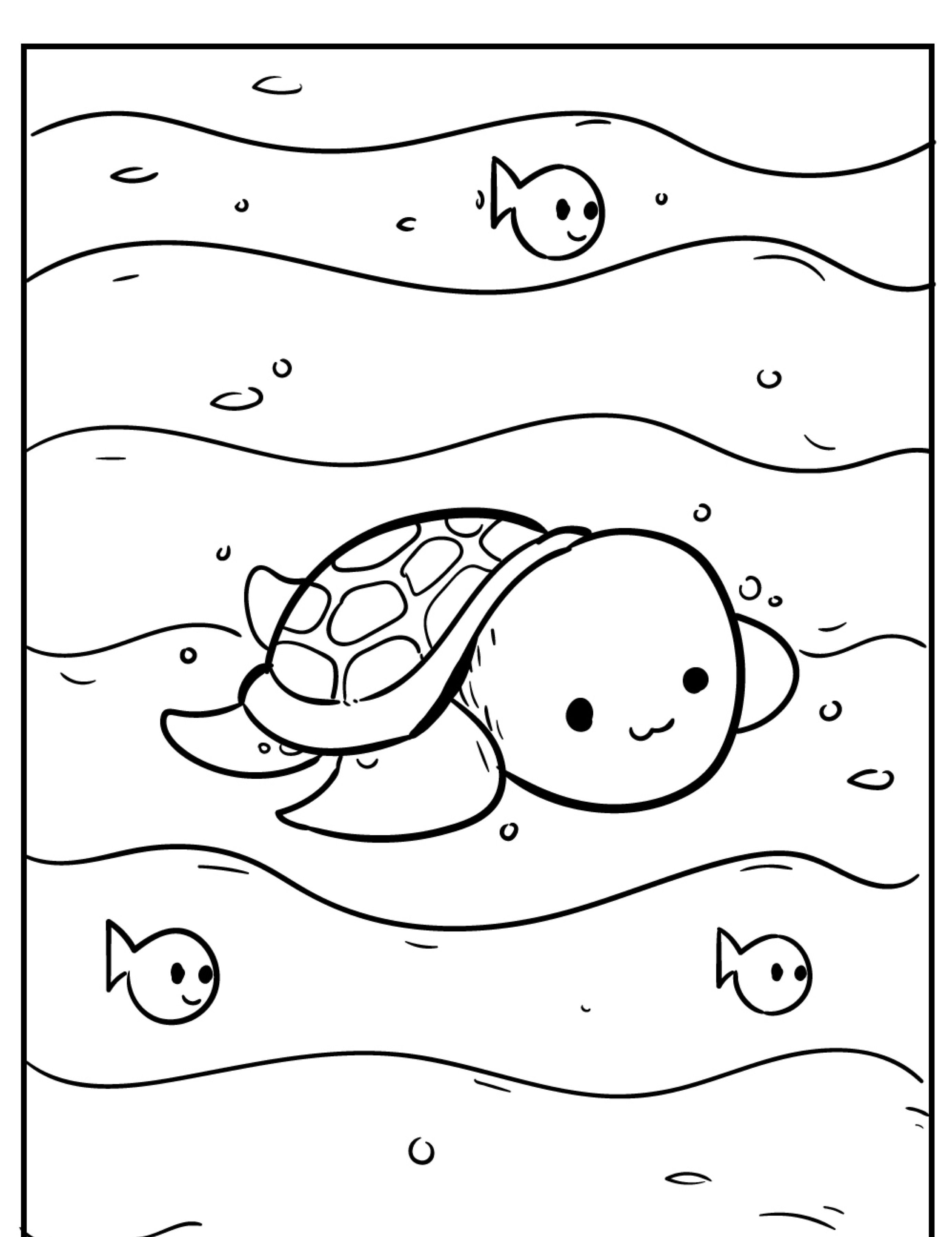 Uma linda tartaruga de desenho animado nadando no oceano com três pequenos peixes ao redor, em uma ilustração simples em preto e branco — perfeita para imprimir e colorir. Para colorir.