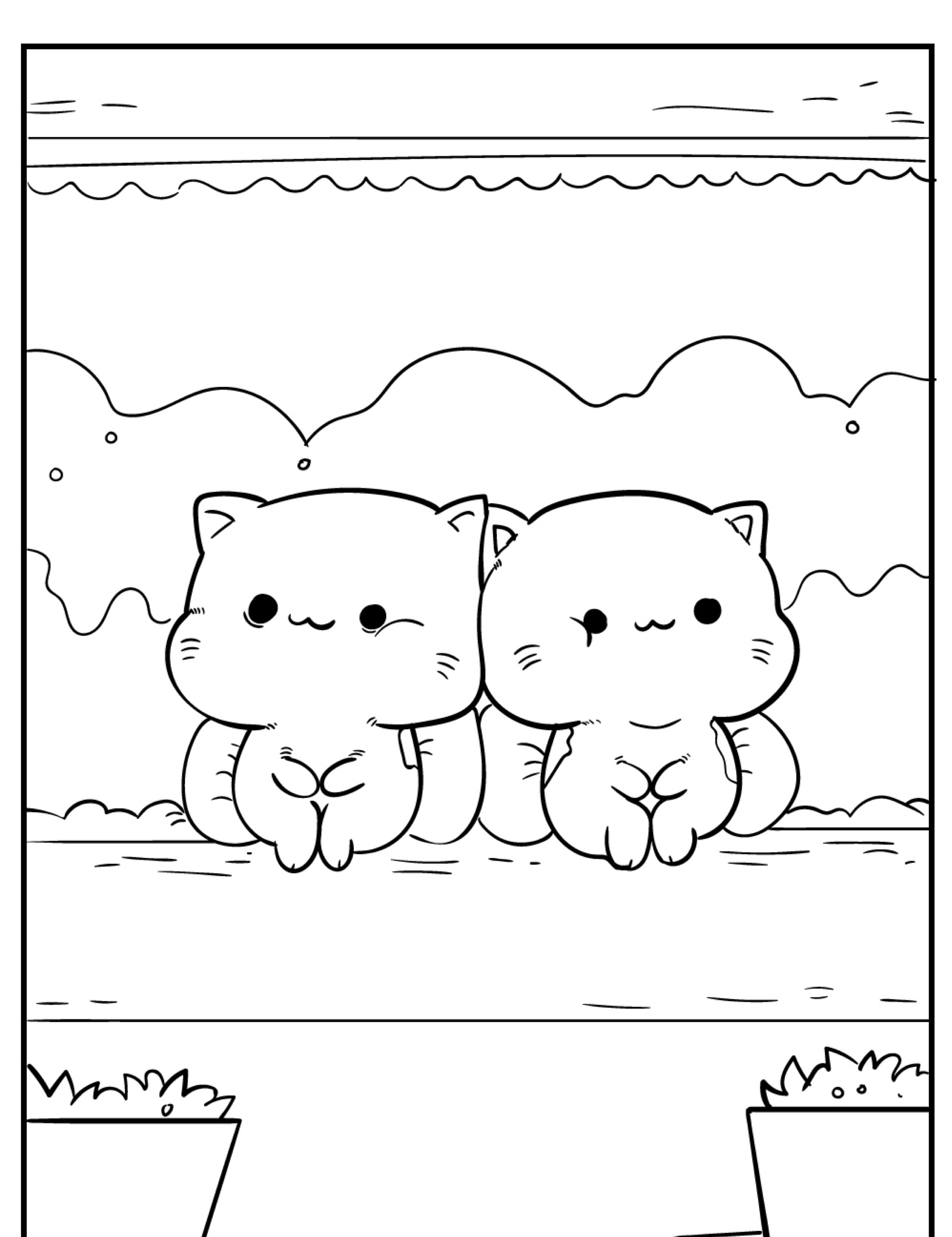 Dois gatos fofos de desenho animado sentados lado a lado em um banco com nuvens fofas ao fundo e plantas em vasos abaixo, perfeitos para desenhos kawaii. Para colorir.