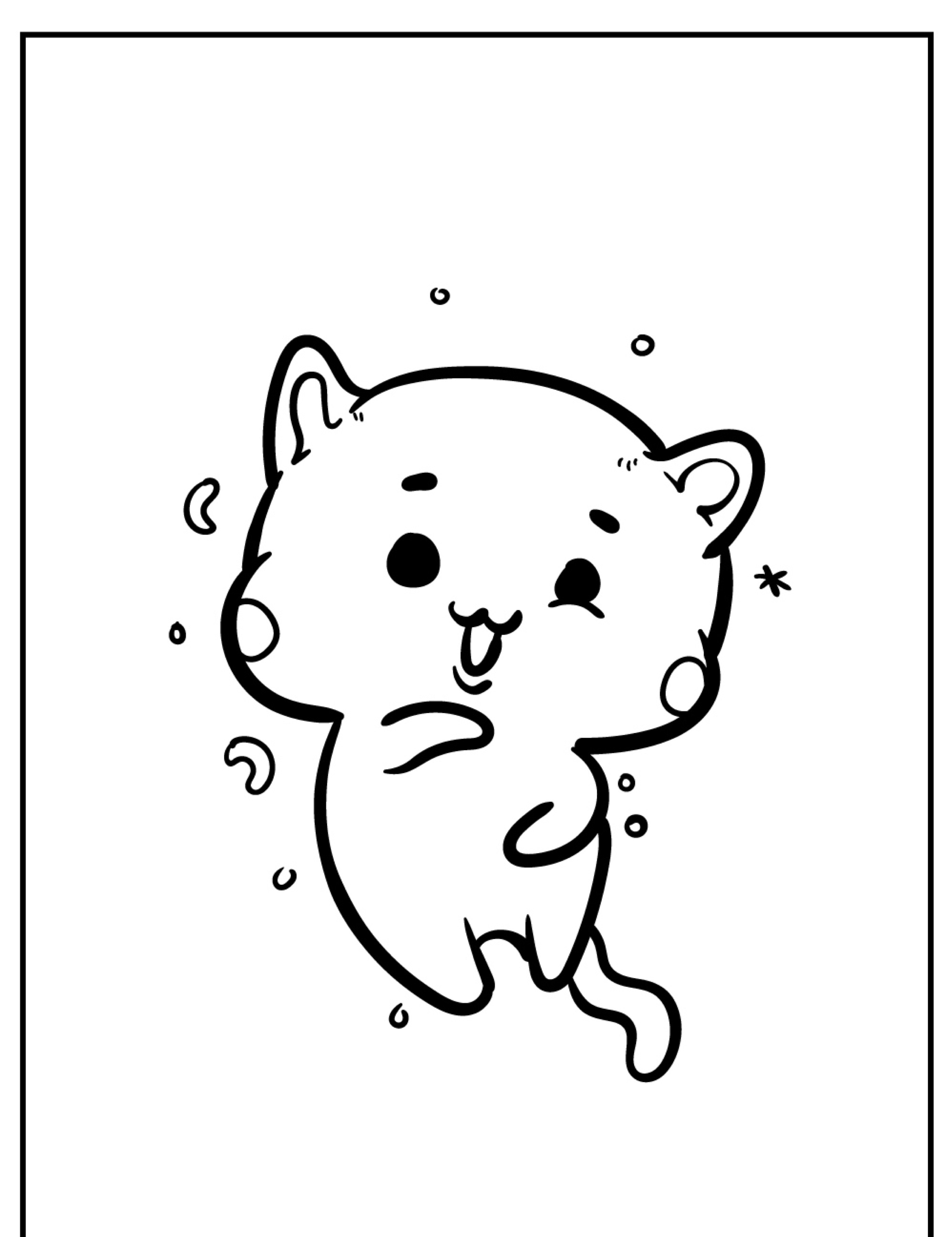 Lindo gatinho de desenho animado piscando e sorrindo com uma pata levantada, cercado por pequenas linhas animadas. Perfeito para imprimir e colorir, este desenho kawaii trará alegria a qualquer projeto de arte. Para colorir.