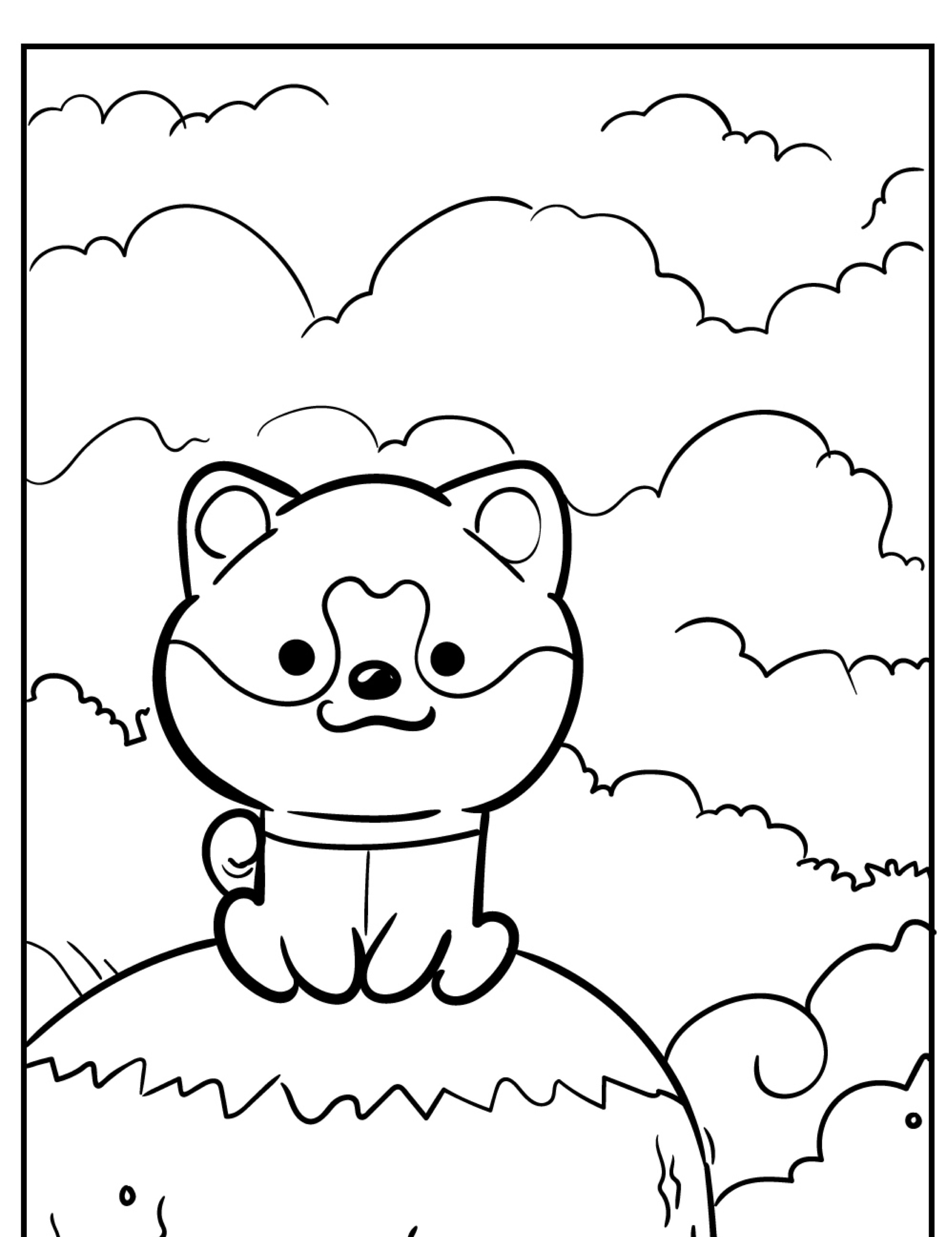 Um lindo cachorro de desenho animado sentado no topo de uma colina com um céu nublado ao fundo, perfeito para colorir ou imprimir como parte da sua coleção favorita de desenhos kawaii. Para colorir.