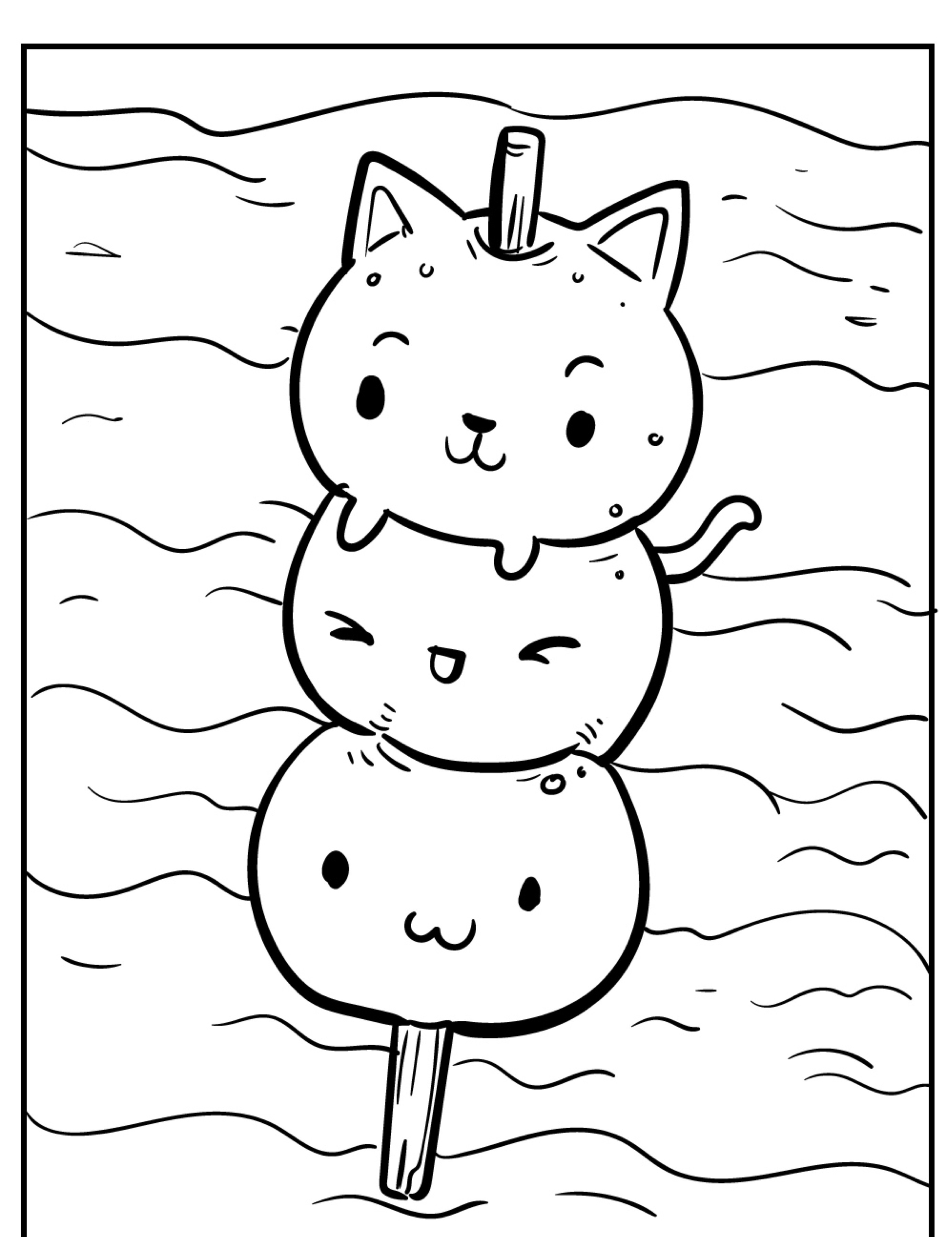 Desenho kawaii fofo de três pãezinhos em formato de animais em um espeto; o pão de cima lembra um gato, todos têm expressões felizes. Perfeito para colorir e imprimir para uma atividade divertida. Para colorir.