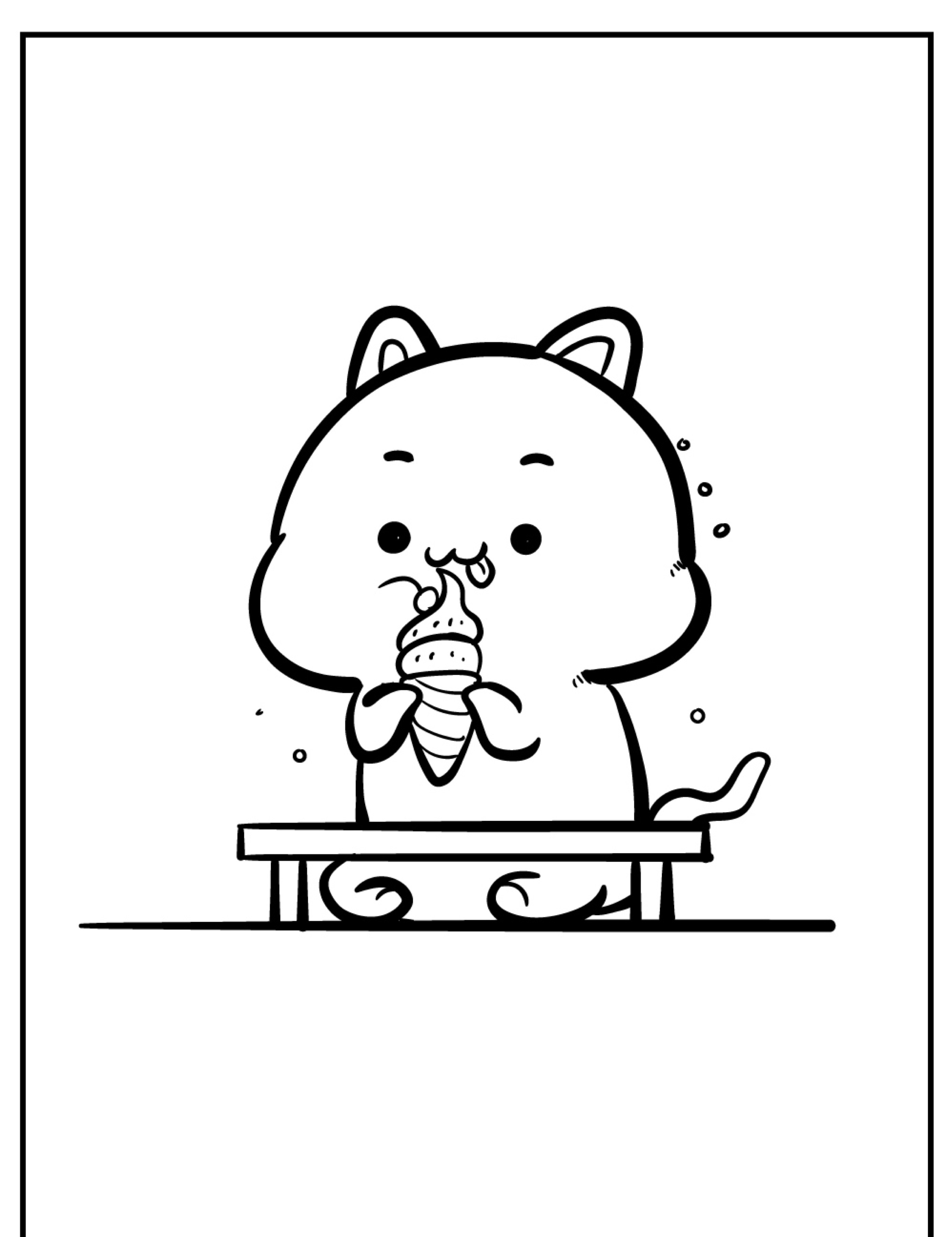 Um lindo gato de desenho animado sentado em um banco, lambendo alegremente um sorvete, perfeito para desenhos kawaii para colorir e imprimir. Para colorir.