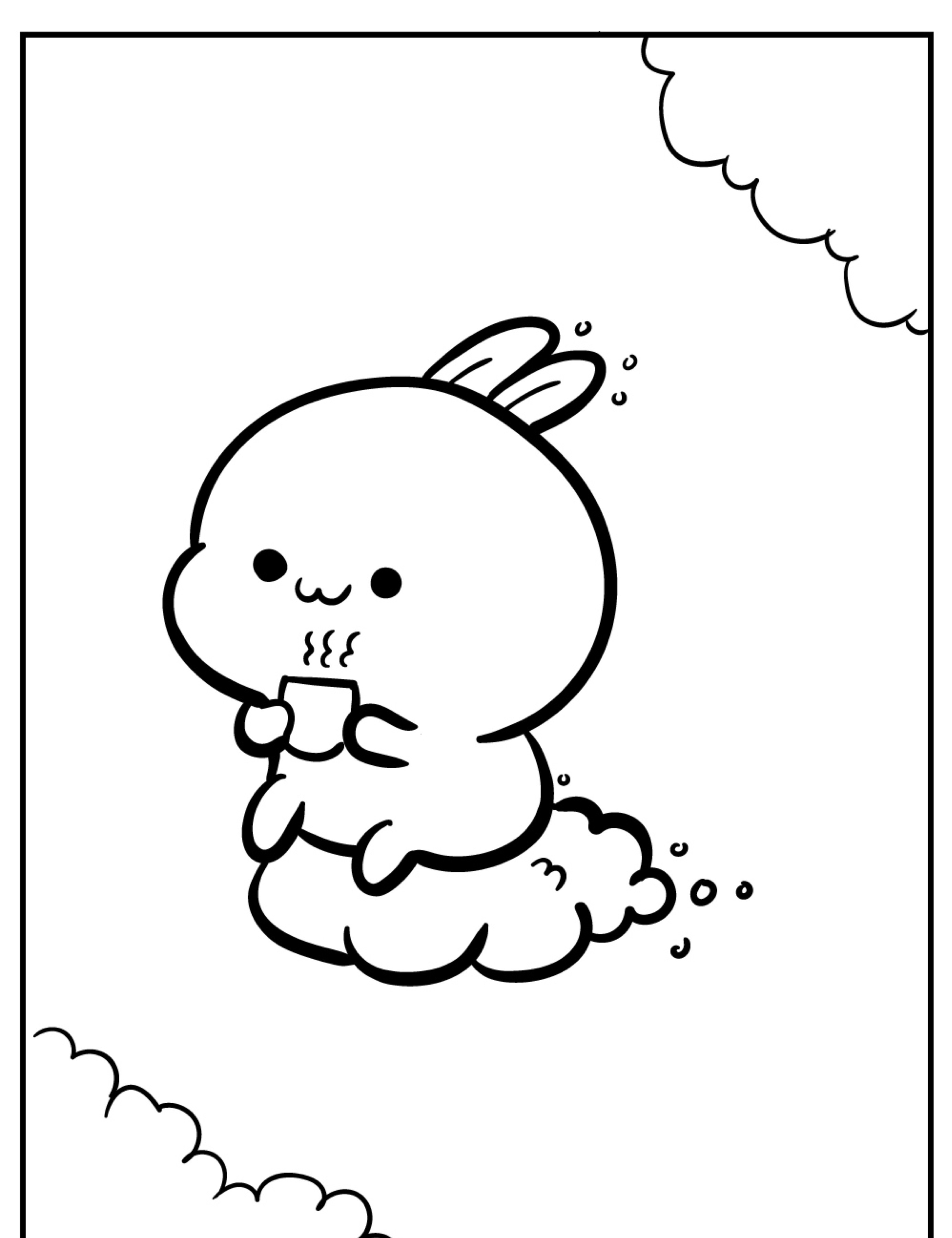 Um lindo coelho de desenho animado bebendo de uma xícara enquanto está sentado em uma nuvem com uma expressão sorridente, perfeito para colorir e adicionar à sua coleção de desenhos kawaii. Para colorir.