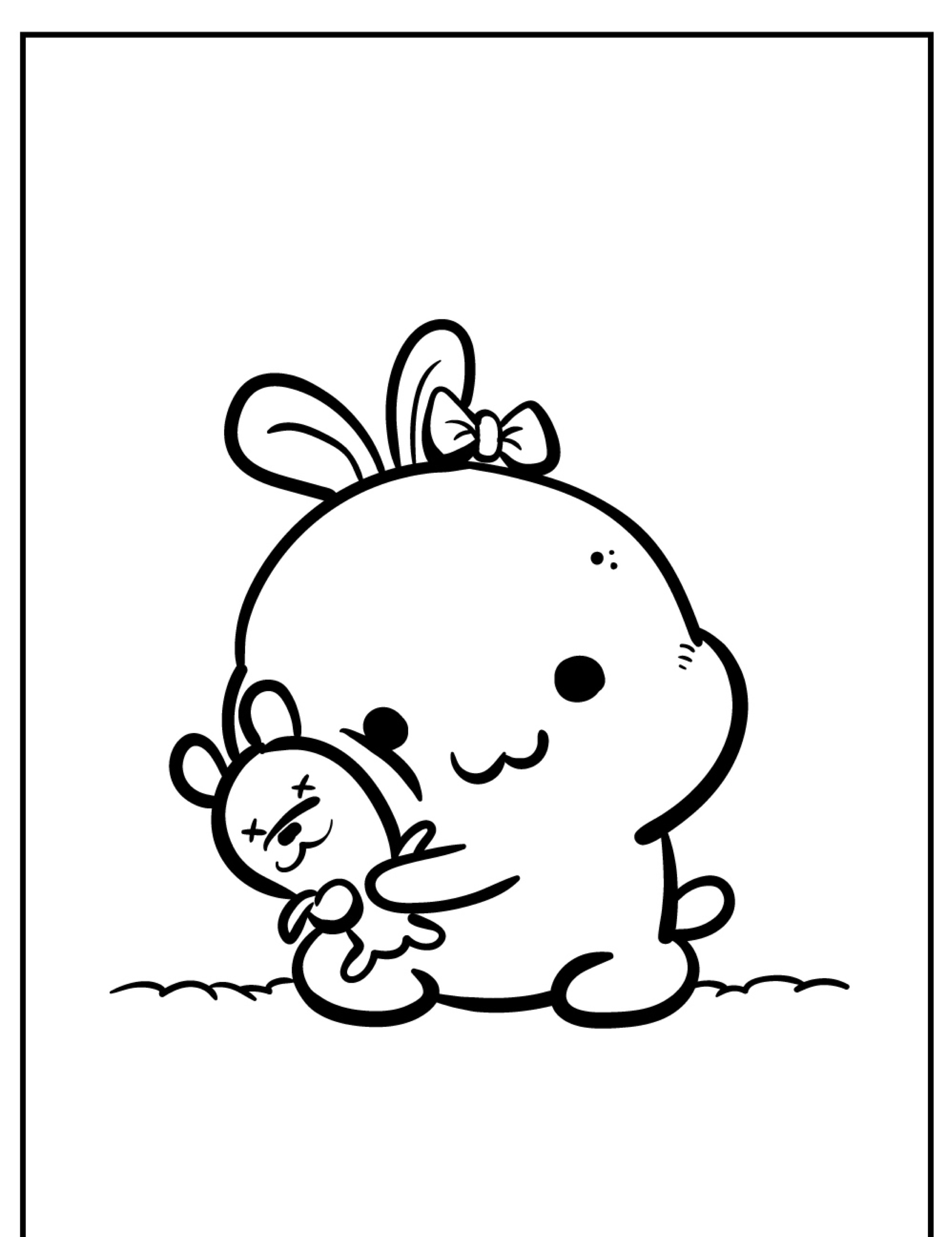 Coelho fofo de desenho animado segurando um pequeno coelho de pelúcia, com um laço na orelha, sentado no chão — perfeito para desenhos kawaii. Para colorir.