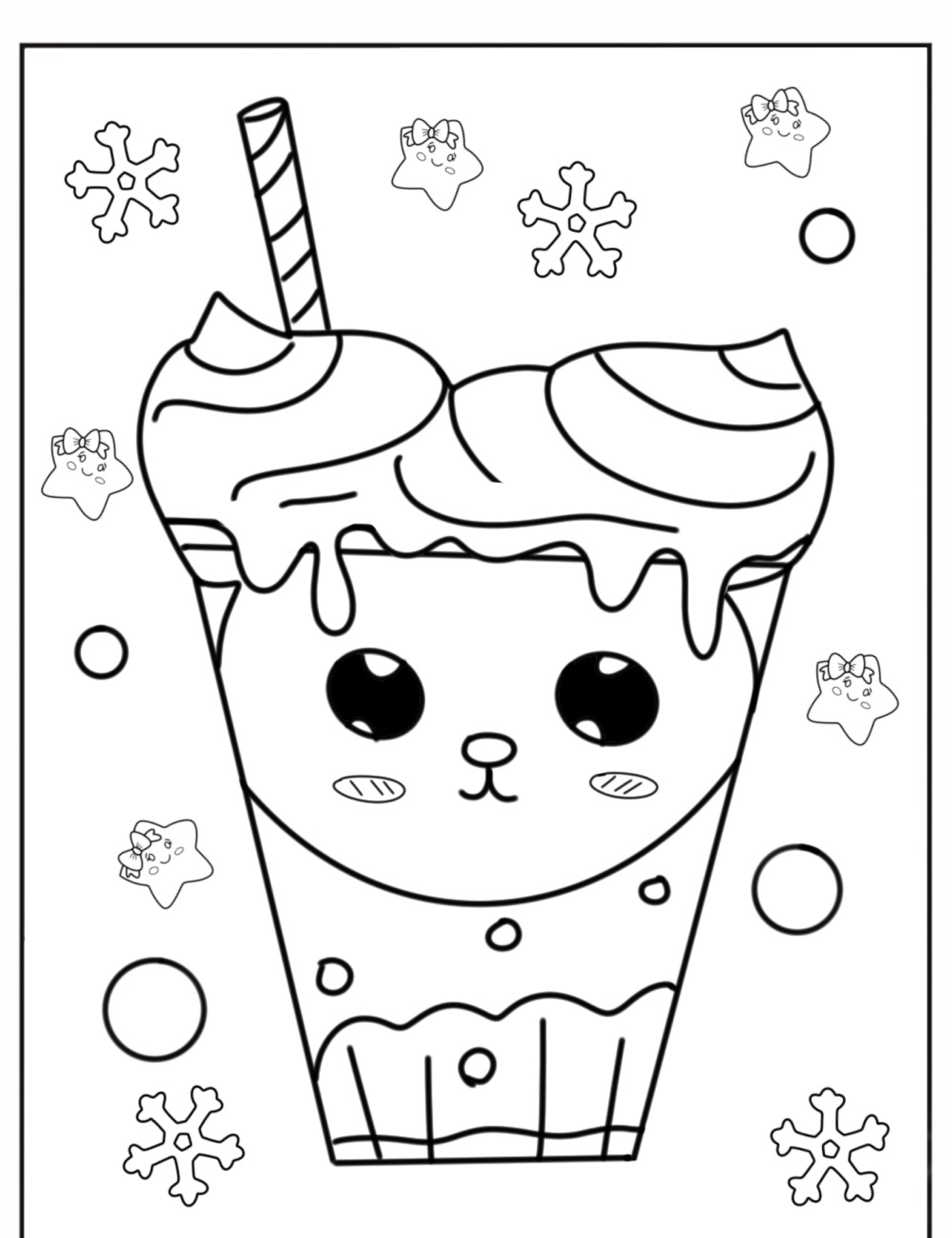 Uma bebida fofa e kawaii com cara de gato, chantilly e canudo, cercada por flocos de neve e marshmallows em formato de gato — perfeita para imprimir e colorir para seus desenhos kawaii. Para colorir.