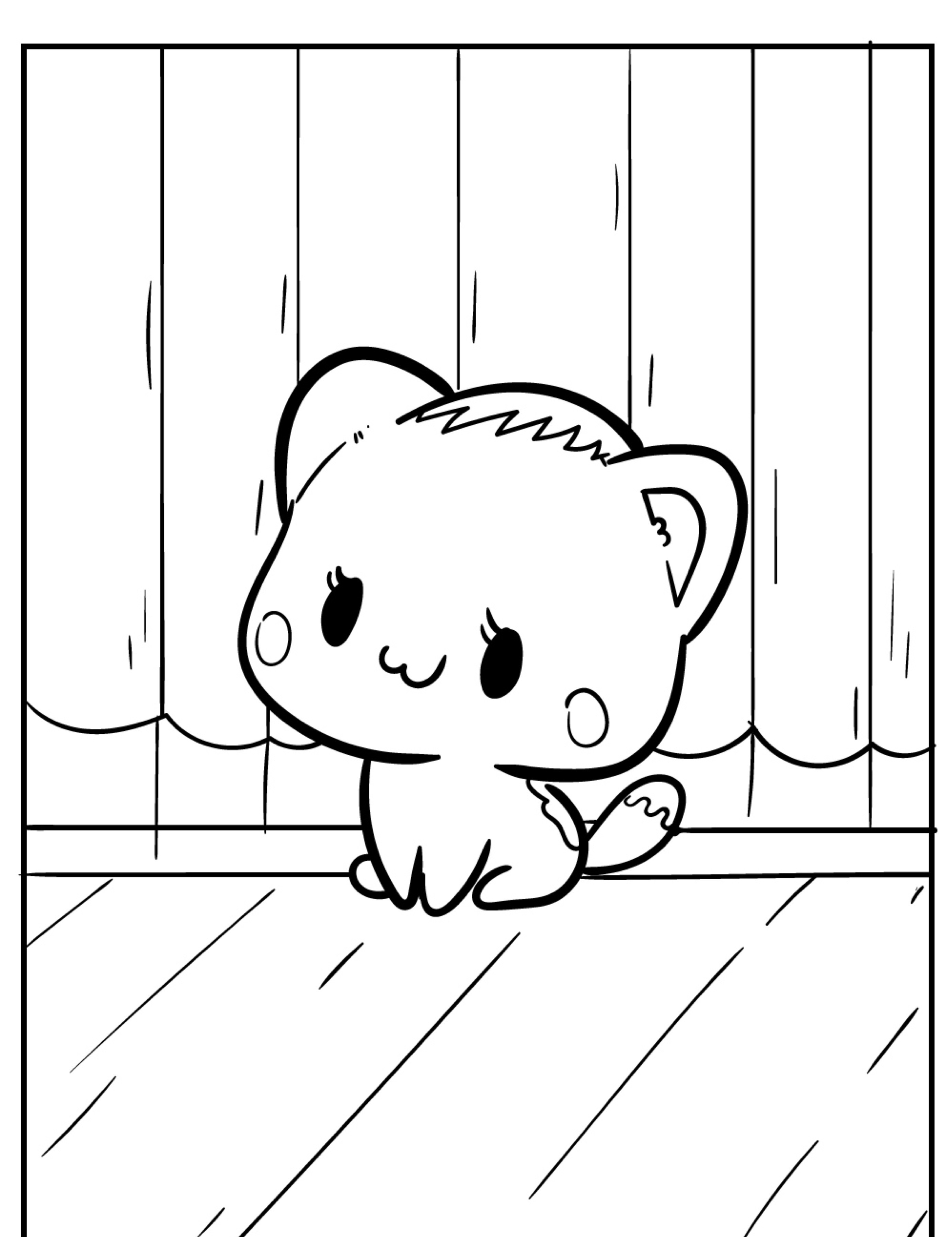 Um gatinho fofo de desenho animado sentado no chão de madeira em frente a uma cortina listrada, perfeito para quem ama desenhos kawaii e quer algo para colorir. Para colorir.