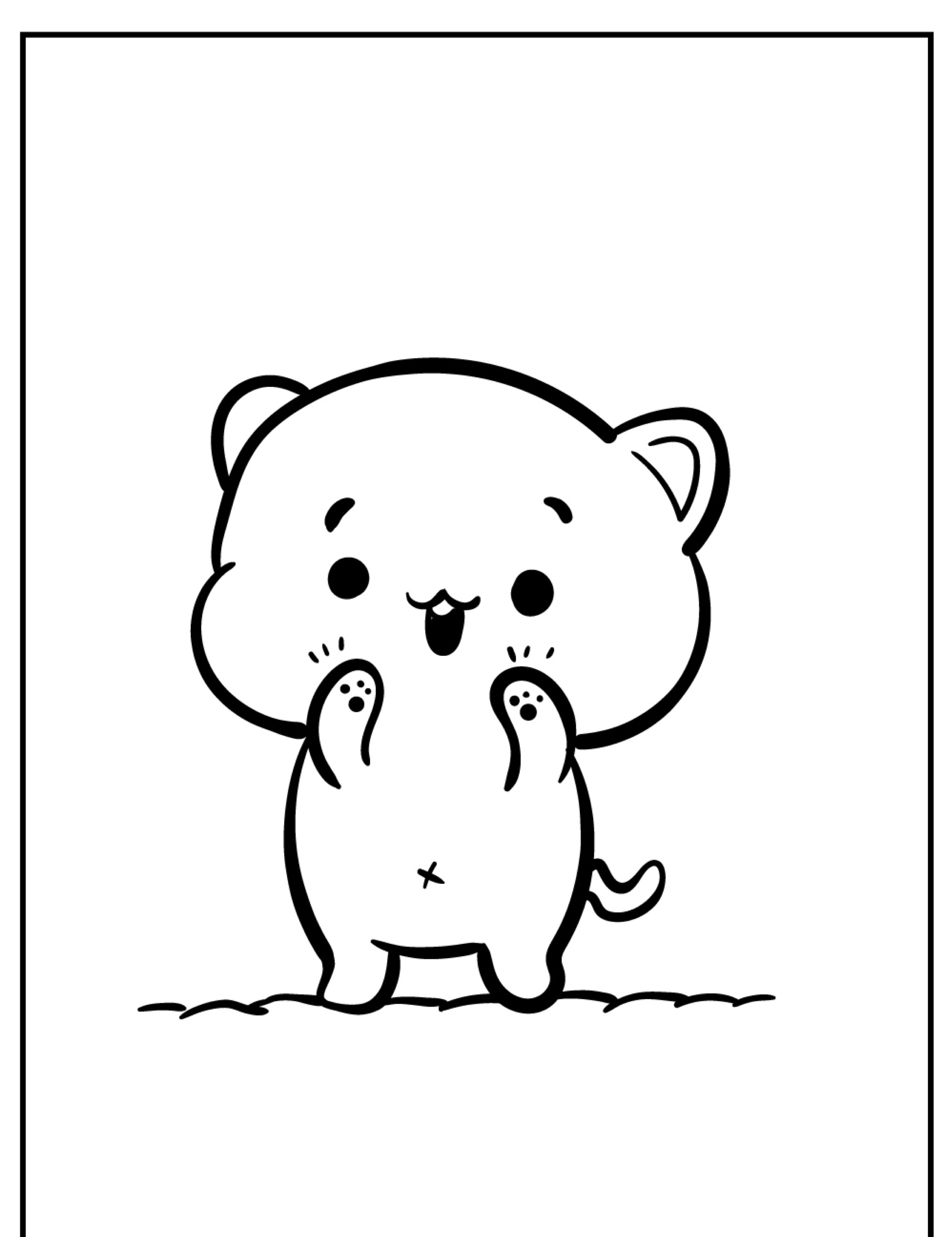 Um gatinho fofo e gordinho de desenho animado fica em pé sobre as patas traseiras com as dianteiras levantadas, parecendo feliz — perfeito para imprimir desenhos kawaii para colorir. Para colorir.