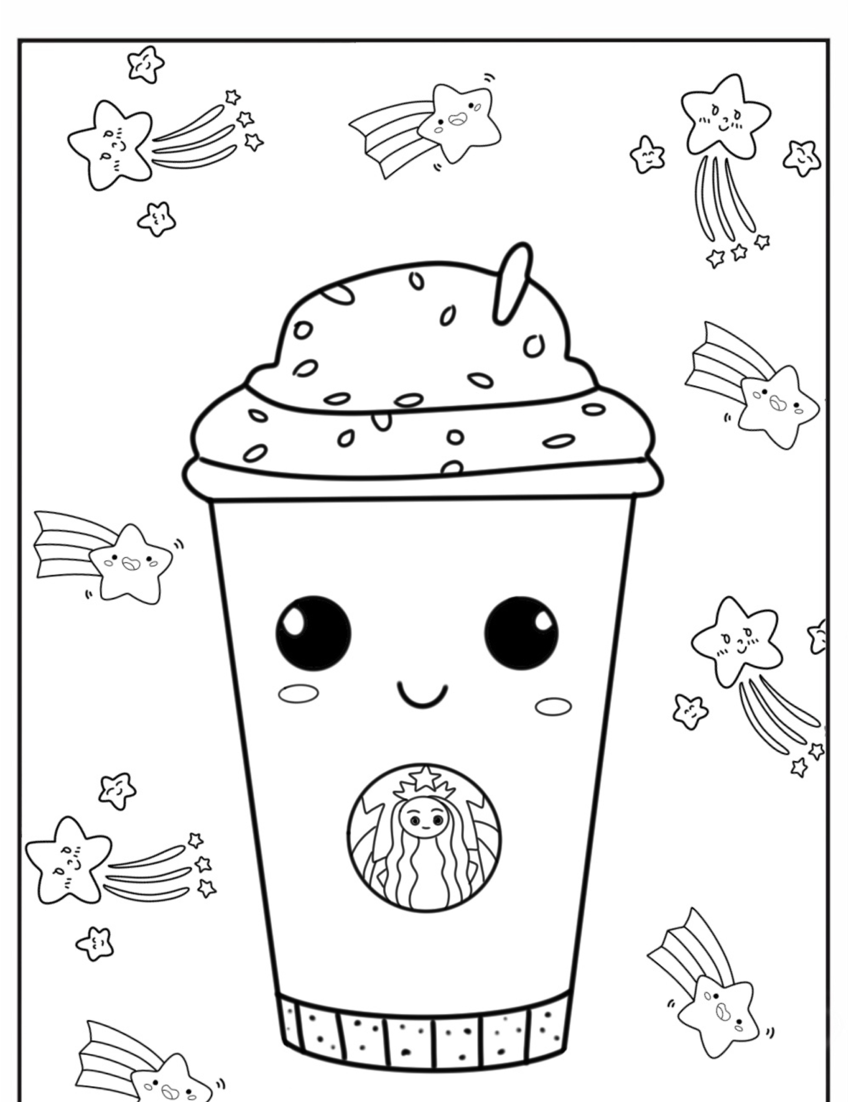 Uma xícara de café fofa com um rosto sorridente, cercada por estrelas sorridentes e estrelas cadentes ao fundo — perfeita para quem procura desenhos kawaii para colorir. Para colorir.