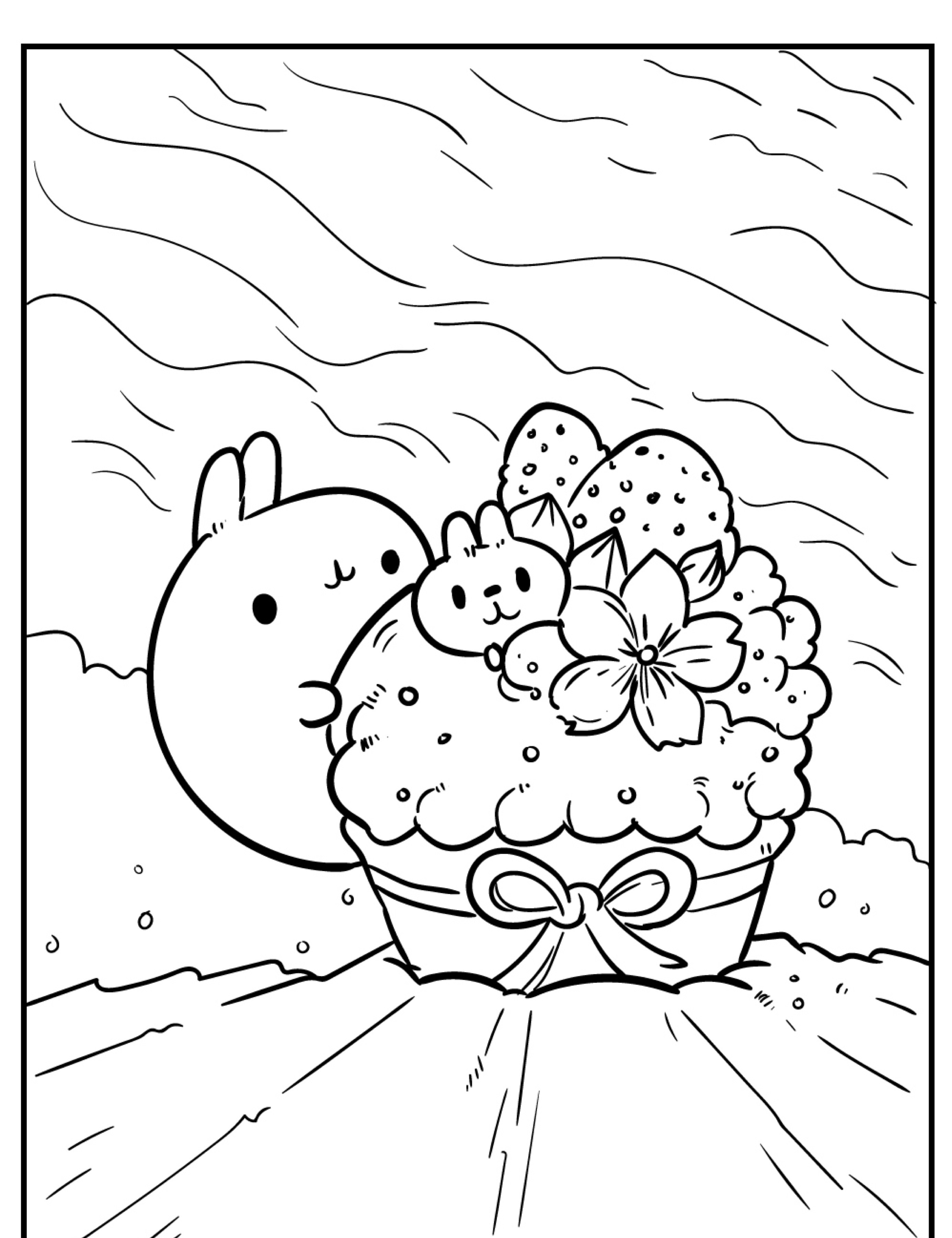 Coelhinhos fofos abraçando uma tigela de morangos e flores sob um céu rodopiante, perfeitos para imprimir desenhos kawaii para colorir. Para colorir.