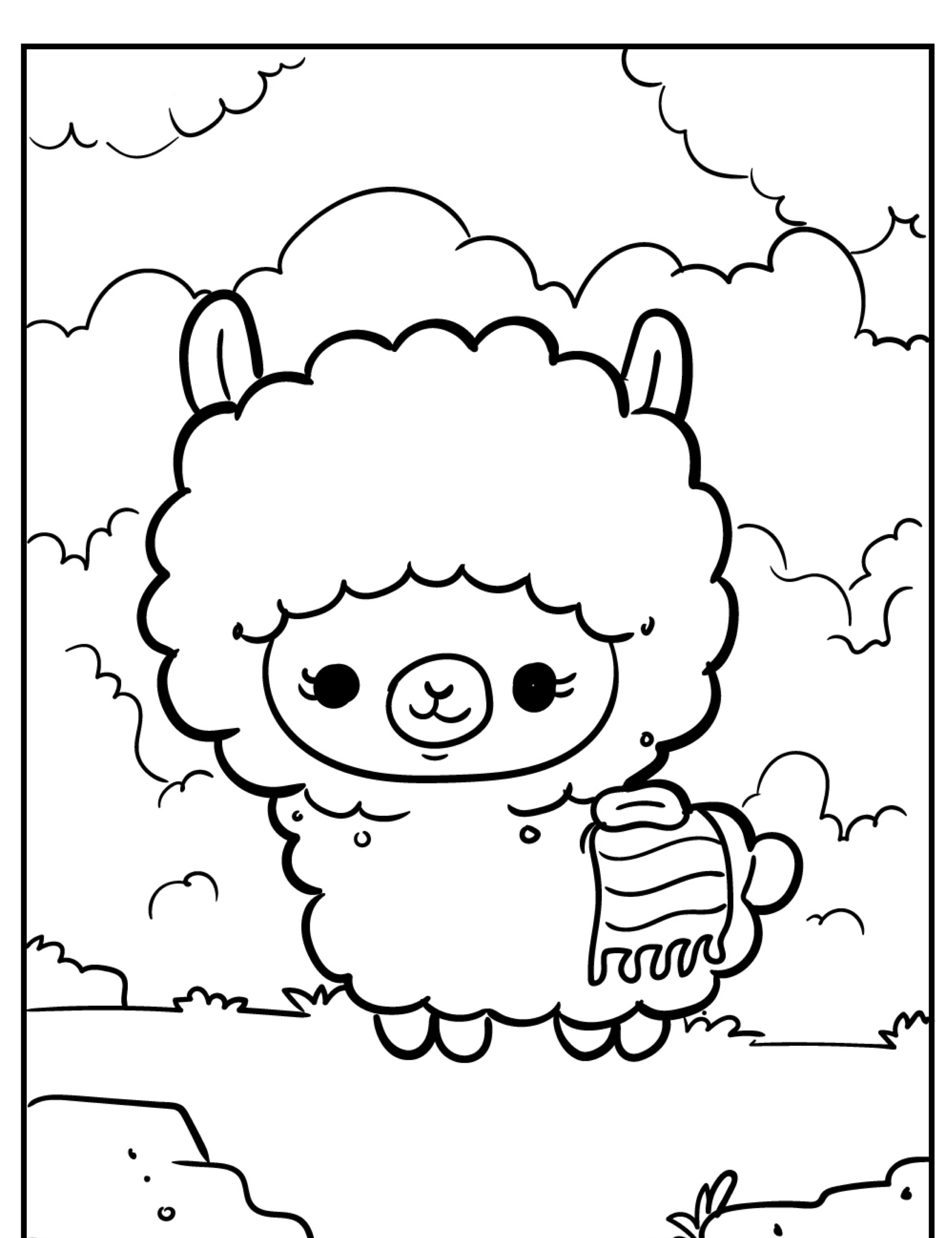 Uma linda alpaca de desenho animado está sorrindo em um campo gramado, segurando um cachecol listrado com um fundo de céu nublado, perfeito para quem gosta de desenhos kawaii para colorir e imprimir. Para colorir.