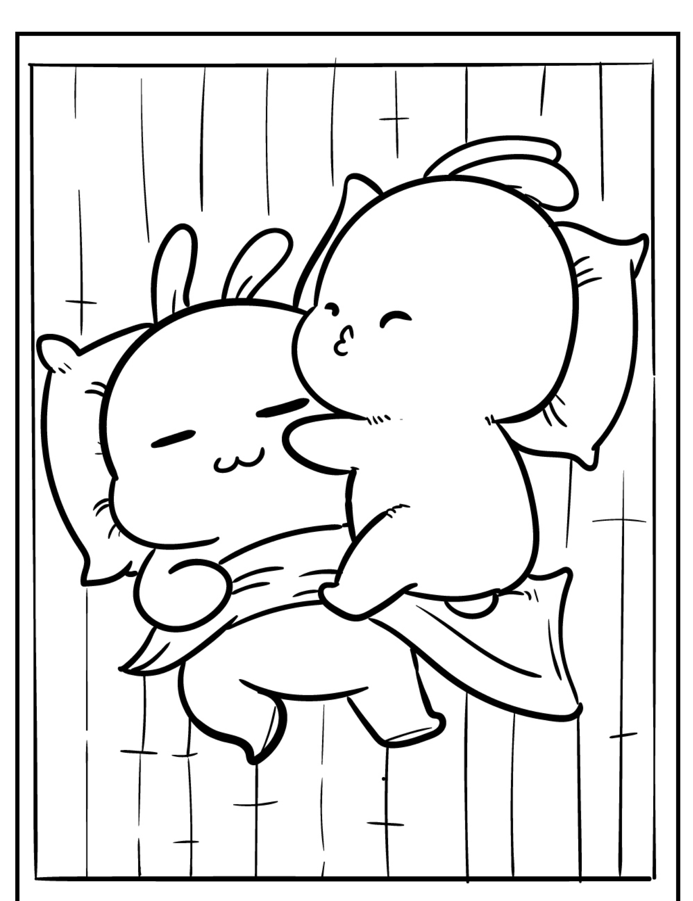 Dois coelhinhos fofos dormindo aconchegados em travesseiros, um deles com um sorriso tranquilo — desenho kawaii perfeito para colorir e imprimir. Para colorir.