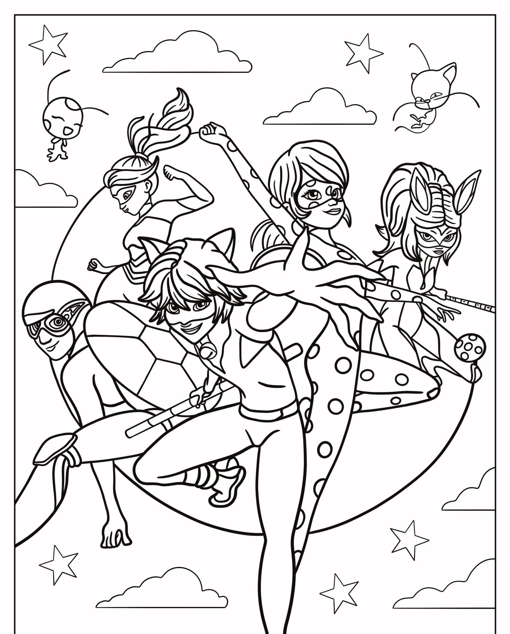 Cinco super-heróis animados em poses dinâmicas com um fundo de nuvens e estrelas, que lembram as aventuras clássicas do Desenhos Para Colorir. Para colorir.