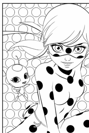 Uma personagem de desenho animado com uma roupa e máscara de bolinhas, que lembra a Lady Bug, com uma pequena criatura voadora, ambos cercados por um fundo vibrante de bolinhas. Para colorir.