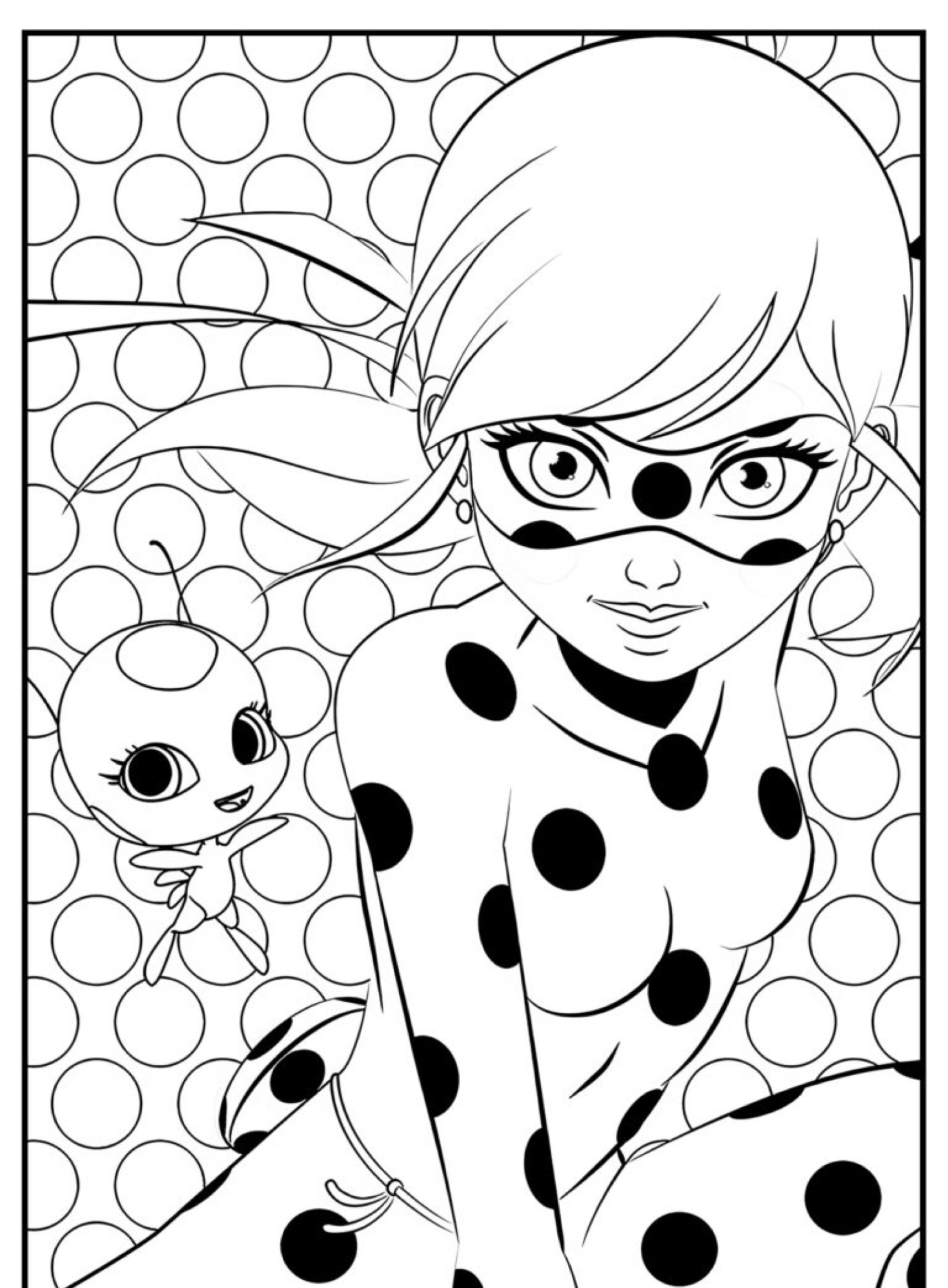 Uma personagem de desenho animado com uma roupa e máscara de bolinhas, que lembra a Lady Bug, com uma pequena criatura voadora, ambos cercados por um fundo vibrante de bolinhas. Para colorir.