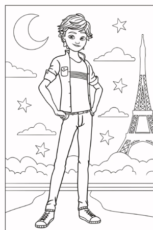 Um garoto de pé com as mãos na cintura em frente à Torre Eiffel, com estrelas, nuvens e uma lua crescente ao fundo, parece uma cena saída diretamente das aventuras de Lady Bug. Perfeito para os entusiastas de desenho para colorir! Para colorir.