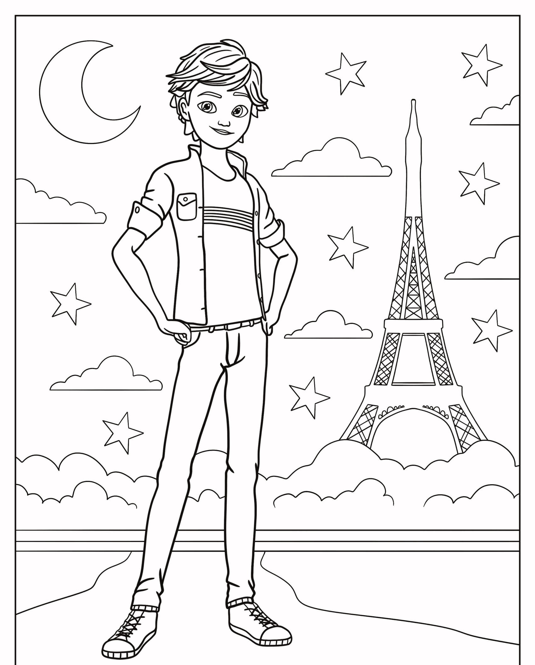 Um garoto de pé com as mãos na cintura em frente à Torre Eiffel, com estrelas, nuvens e uma lua crescente ao fundo, parece uma cena saída diretamente das aventuras de Lady Bug. Perfeito para os entusiastas de desenho para colorir! Para colorir.