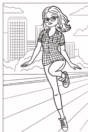 Uma menina de óculos, vestindo uma camisa xadrez e calças, pula alegremente com uma paisagem urbana ao fundo, lembrando uma personagem animada de Desenhos Para Colorir. Para colorir.