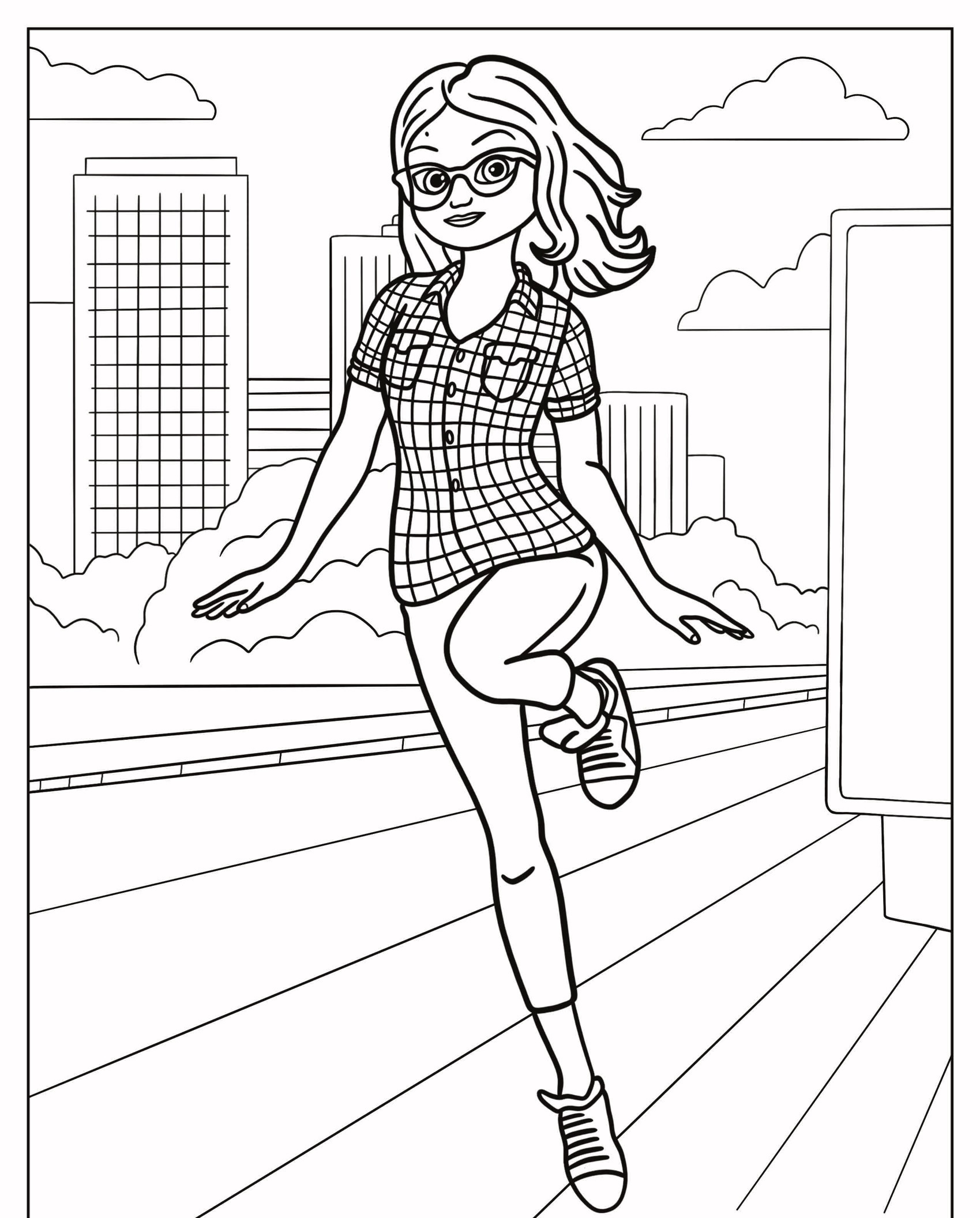 Uma menina de óculos, vestindo uma camisa xadrez e calças, pula alegremente com uma paisagem urbana ao fundo, lembrando uma personagem animada de Desenhos Para Colorir. Para colorir.