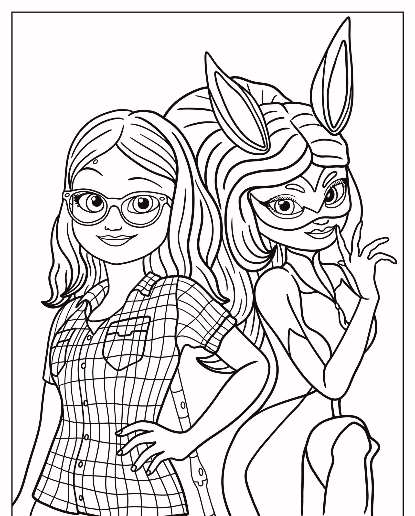 Duas personagens femininas animadas, uma com óculos e camisa xadrez e a outra vestida como Lady Bug em uma fantasia de super-heroína com orelhas de animais. Seus designs vibrantes parecem saídos diretamente do Desenhos Para Colorir. Para colorir.