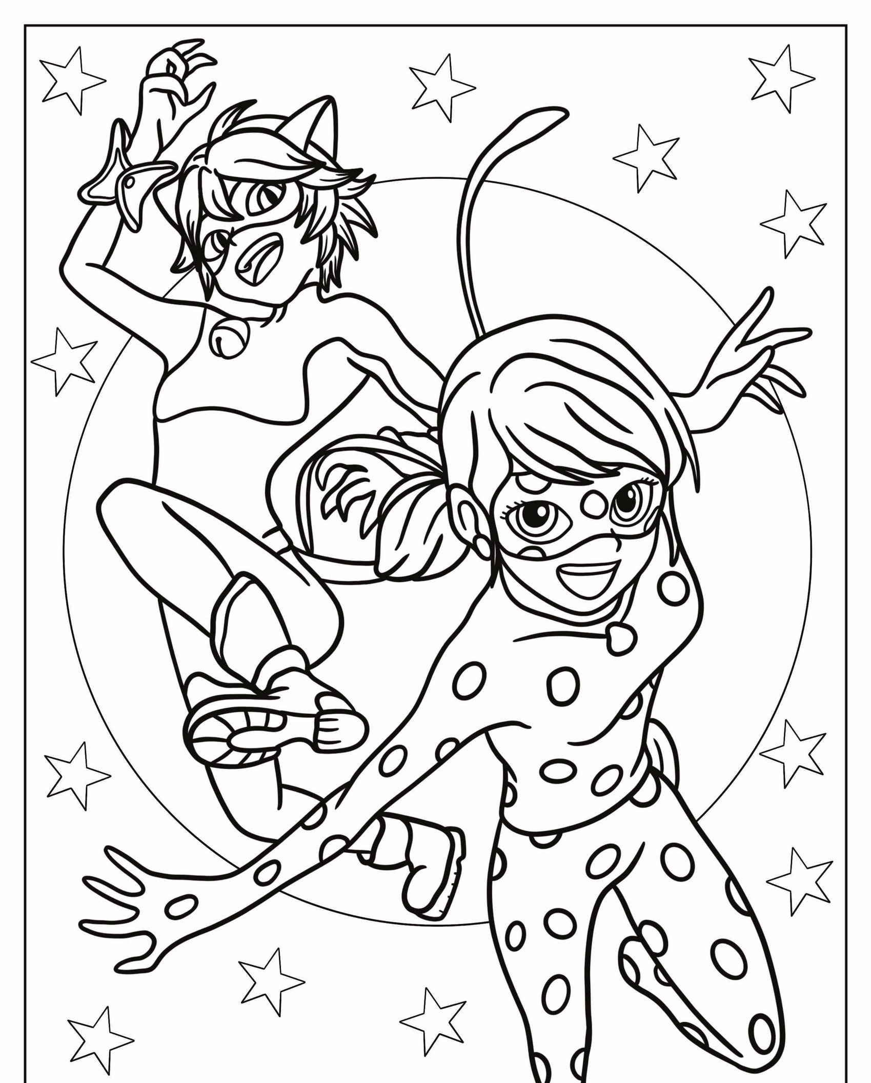 Dois personagens em trajes de super-heróis, um com tema de gato e o outro com tema de bolinhas inspirado em Lady Bug, fazem uma pose de ação. Perfeito para Desenhos Para Colorir ou entusiastas de Coloring Pages que buscam adicionar um toque vibrante! Para colorir.