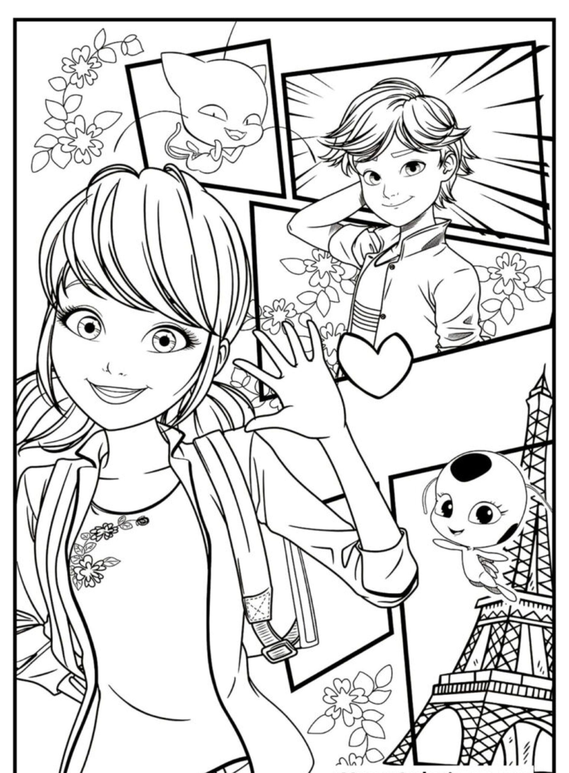 Uma página Desenhos Para Colorir com personagens de desenho animado, incluindo uma menina acenando, um menino sorrindo e a Torre Eiffel ao fundo. As crianças também podem descobrir Lady Bug escondida dentro da cena lúdica! Para colorir.