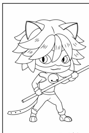 Personagem chibi com orelhas de gato e máscara, que lembra Lady Bug Desenhos, segurando um cajado e parecendo determinada, em uma página para colorir. Para colorir.