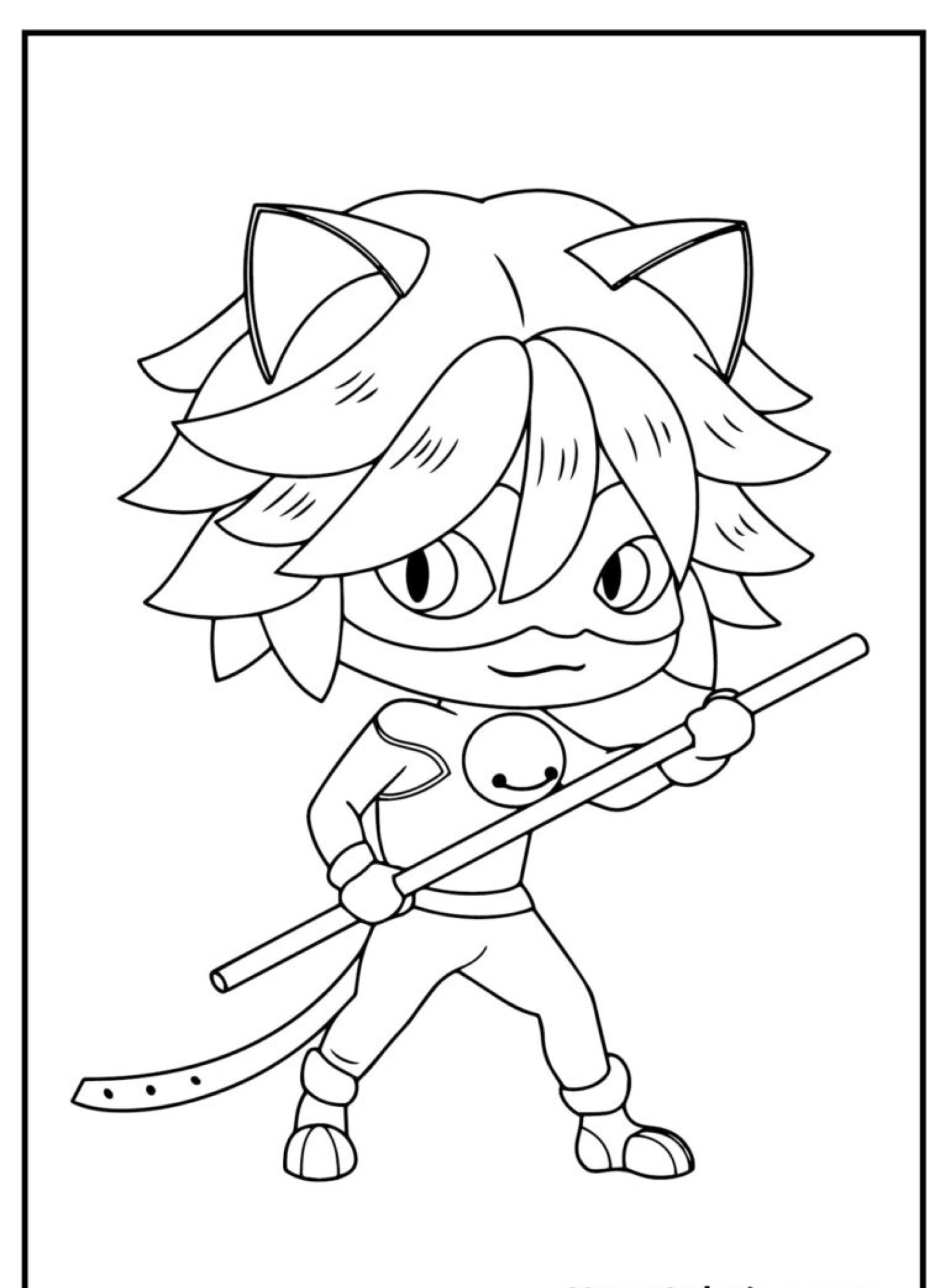 Personagem chibi com orelhas de gato e máscara, que lembra Lady Bug Desenhos, segurando um cajado e parecendo determinada, em uma página para colorir. Para colorir.