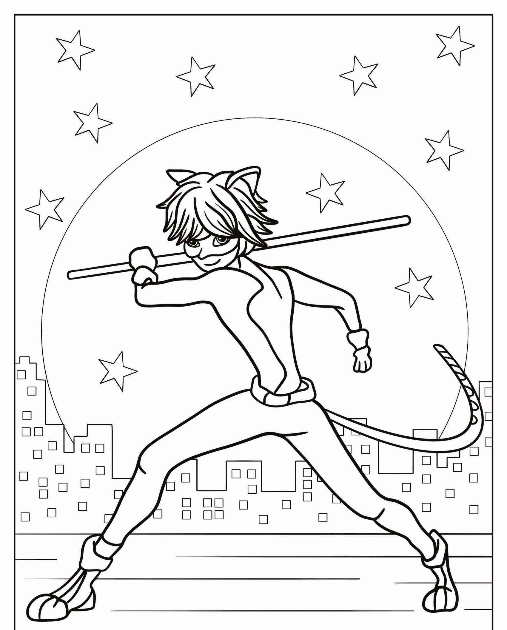 Uma personagem em uma fantasia de super-herói com tema de gato, que lembra o estilo de Lady Bug, posa com um cajado em frente a uma paisagem urbana e céu estrelado. Perfeita para Desenhos para colorir, esta cena cativa a imaginação. Para colorir.